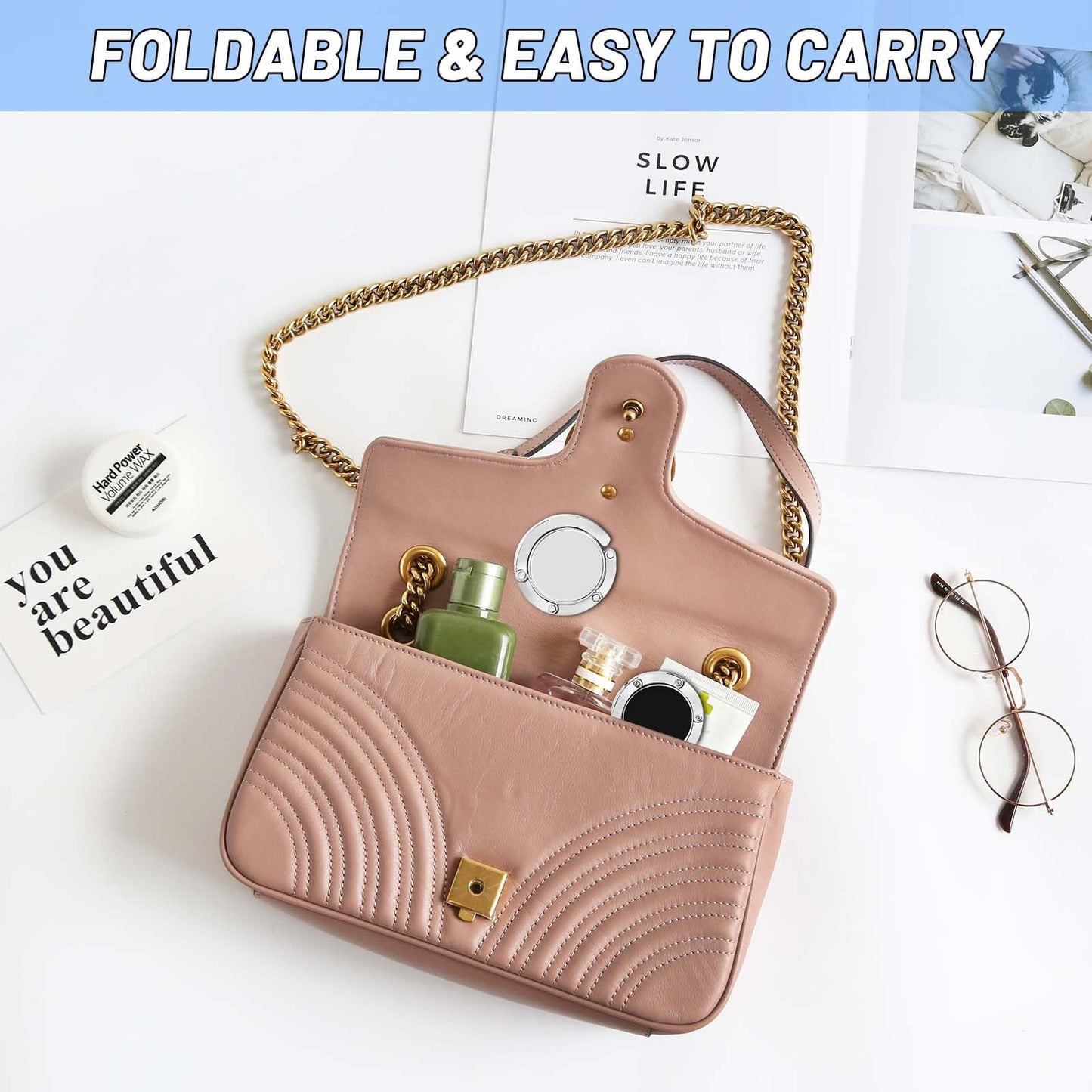 Collazoey 2x Crochet de sac à main, Accroche sac pliable en métal Anti-dérapant pour table ou Bureau suspension sac à main, Petits Objets