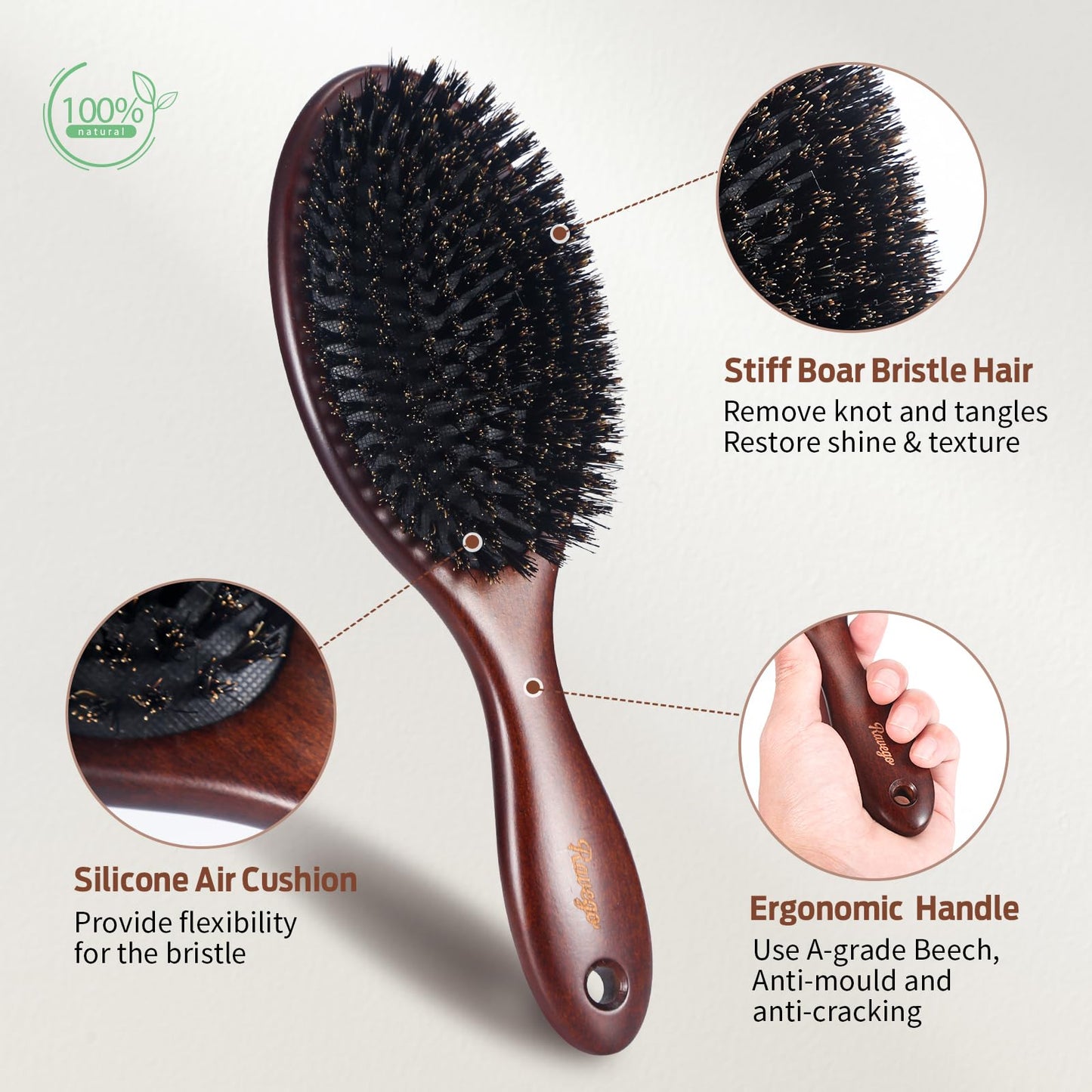 RAVEGO Brosse à cheveux en poils de sanglier pour femme, homme, enfant - Pour démêler et coiffer - Poils naturels pour cheveux fins et fins - Poils rigides