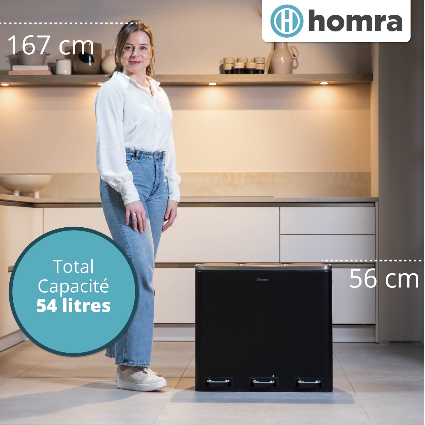 Homra Sparq Poubelle Tri Selectif 3 Bac | Poubelle Cuisine 54 Litres Acier inoxydable | Poubelle à Pédale 3x18 litres | Déchets et recyclage | 3 Bacs Amovibles et Fermeture Douce | Inox Noir