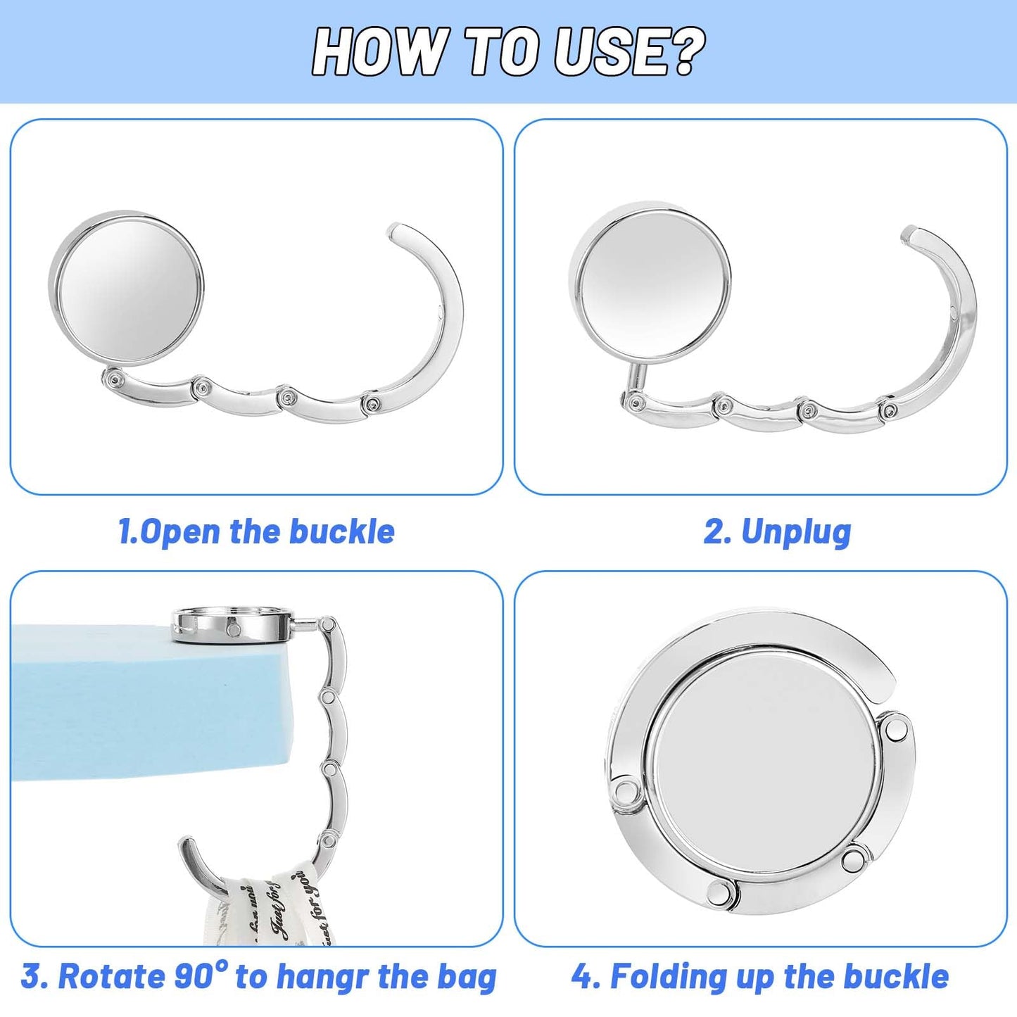 Collazoey 2x Crochet de sac à main, Accroche sac pliable en métal Anti-dérapant pour table ou Bureau suspension sac à main, Petits Objets