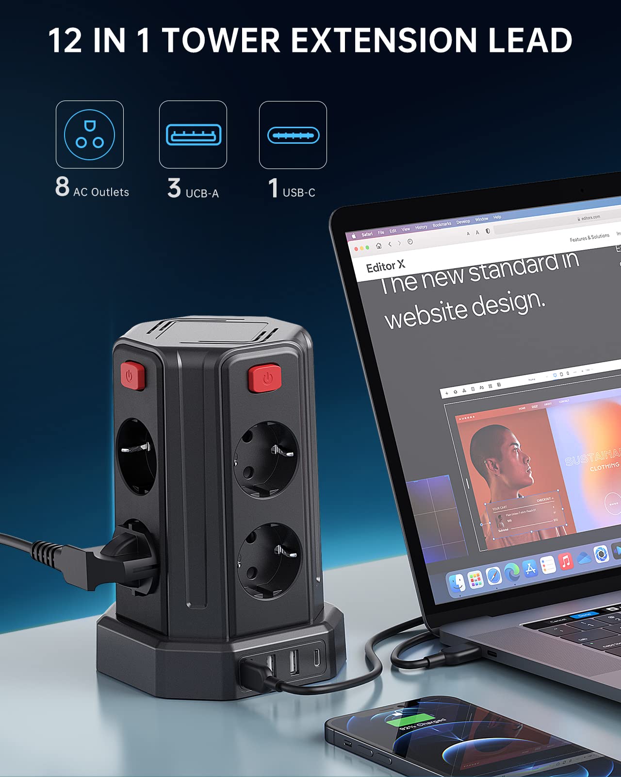 Multiprise avec Interrupteur, Sameriver Tour Multiprise 8 Prises et 4 USB, Multiprise USB Parafoudre et 4 Interrupteurs Rallonge Electrique 3M Câble la Maison et au Bureau