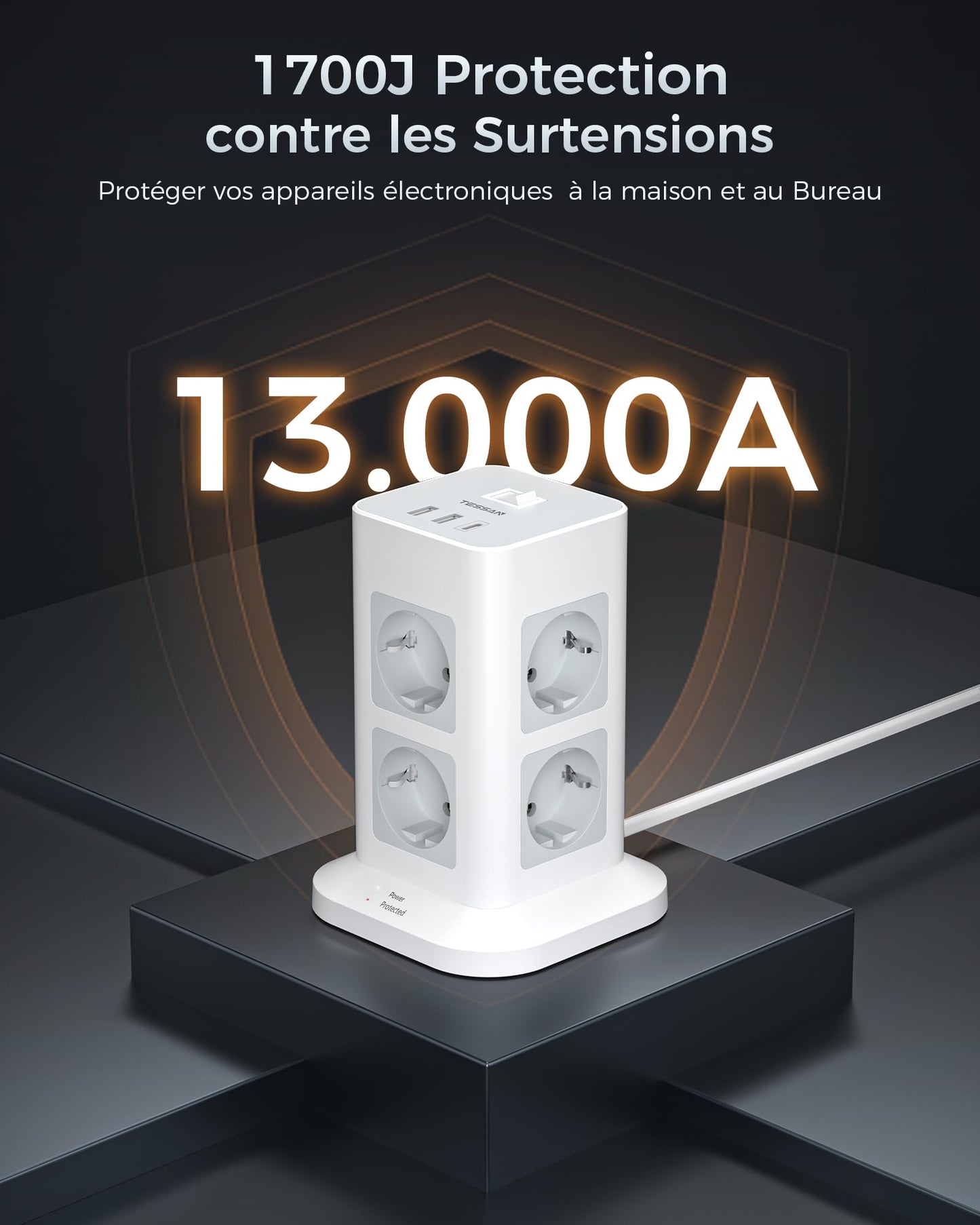 TESSAN Tour Multiprise Parafoudre et Surtension avec 8 Sortie AC et 3 Ports USB, Adaptateur Secteur 3600W avec Interrupteur et Rallonge Electrique 2M, Mult Prise Convient pour Bureau et Maison, Gris