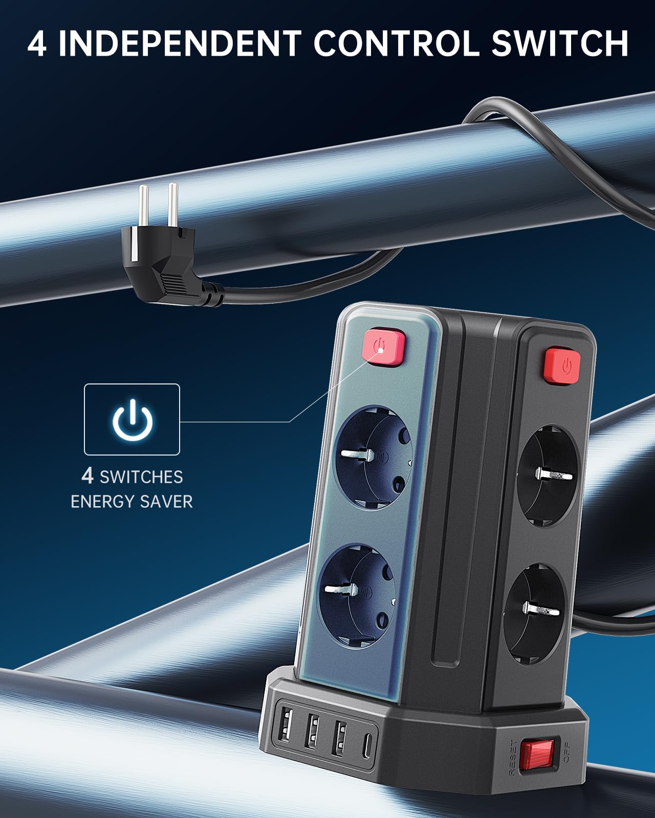 Multiprise avec Interrupteur, Sameriver Tour Multiprise 8 Prises et 4 USB, Multiprise USB Parafoudre et 4 Interrupteurs Rallonge Electrique 3M Câble la Maison et au Bureau