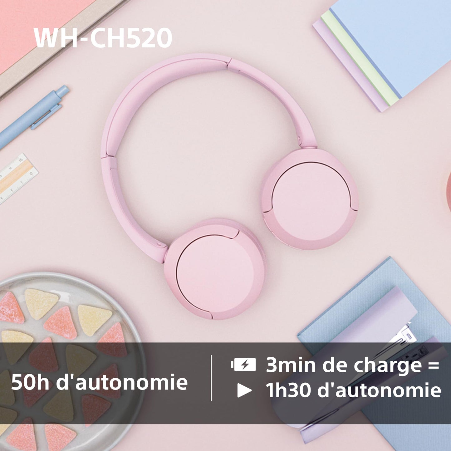 Sony WH-CH520 - Casque Bluetooth sans Fil, Multipoint, Micro intégré - jusqu'à 50 Heures d'autonomie et Charge Rapide - Noir