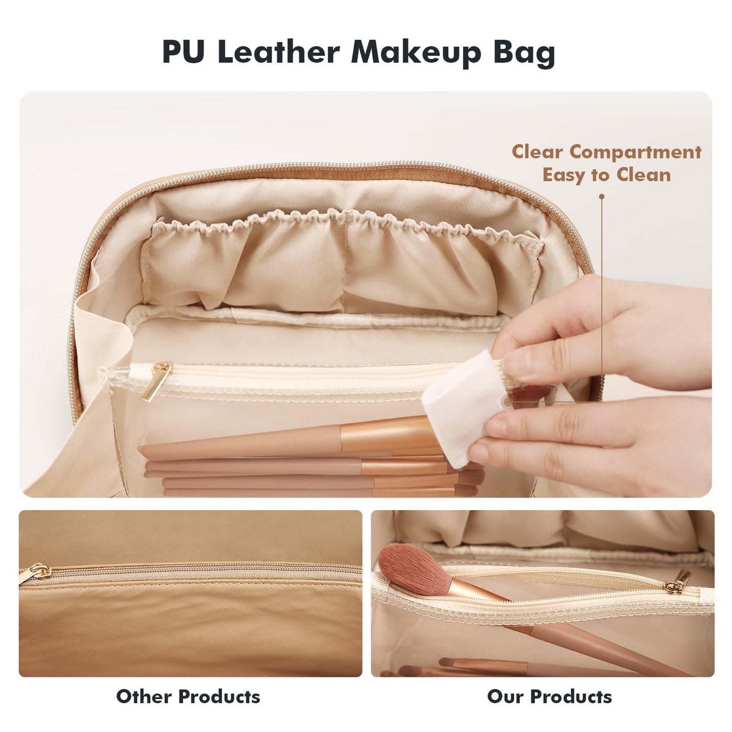 Prite Grande Capacité Trousse de Maquillage pour Femme Trousse de Toilette en Cuir PU Vanity Imperméable pour Voyage avec Séparateur Transparent et Poignée (Beige)