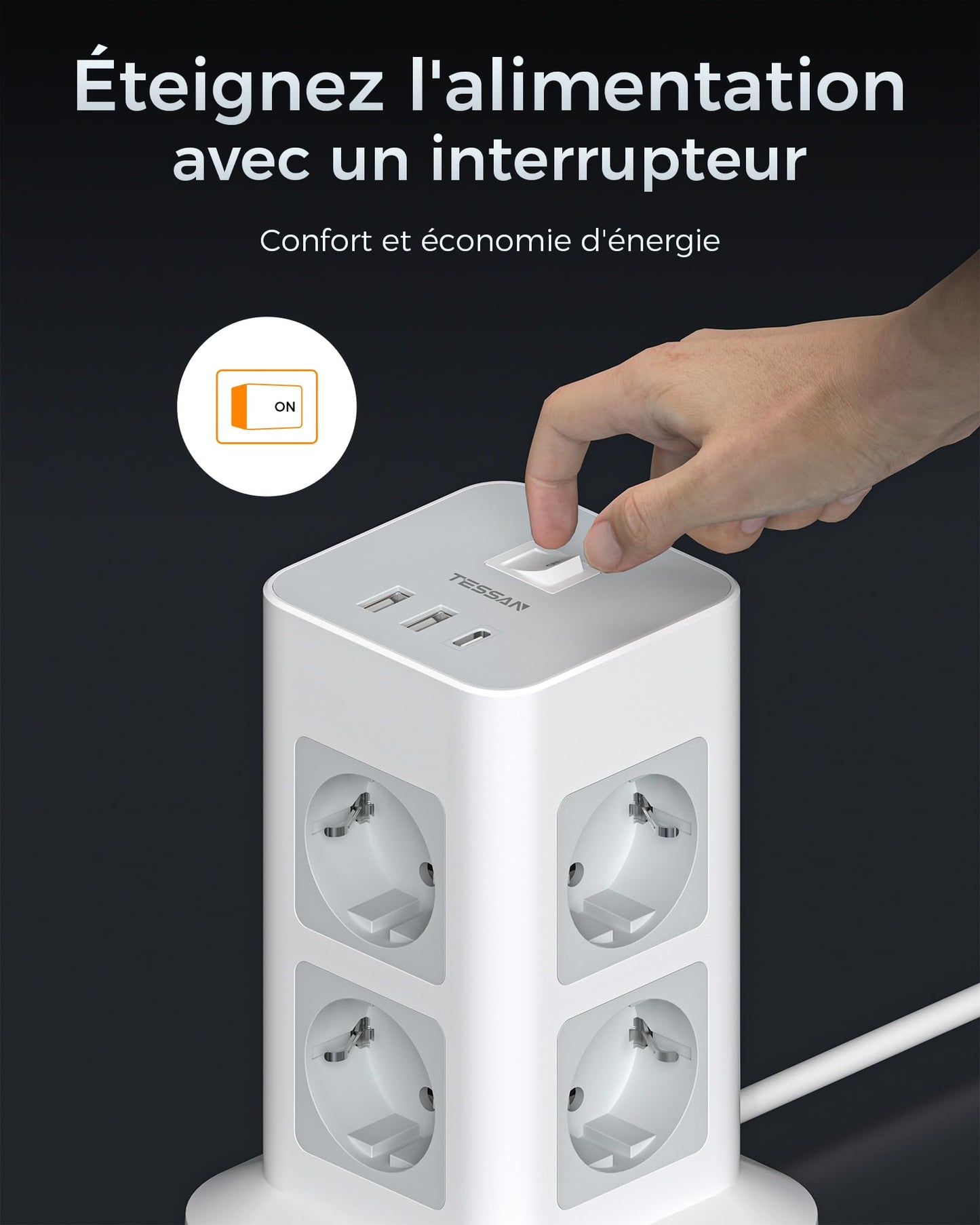 TESSAN Tour Multiprise Parafoudre et Surtension avec 8 Sortie AC et 3 Ports USB, Adaptateur Secteur 3600W avec Interrupteur et Rallonge Electrique 2M, Mult Prise Convient pour Bureau et Maison, Gris
