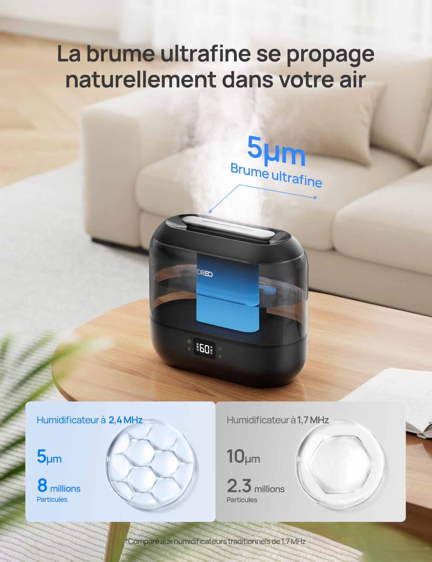 Dreo Smart Humidificateur pour chambre à coucher, Top Fill 4L Humidificateur de brume fraîche surdimensionné avec diffuseur d'huile et veilleuse, 32H d'autonomie, Silencieux pour la maison, le bureau