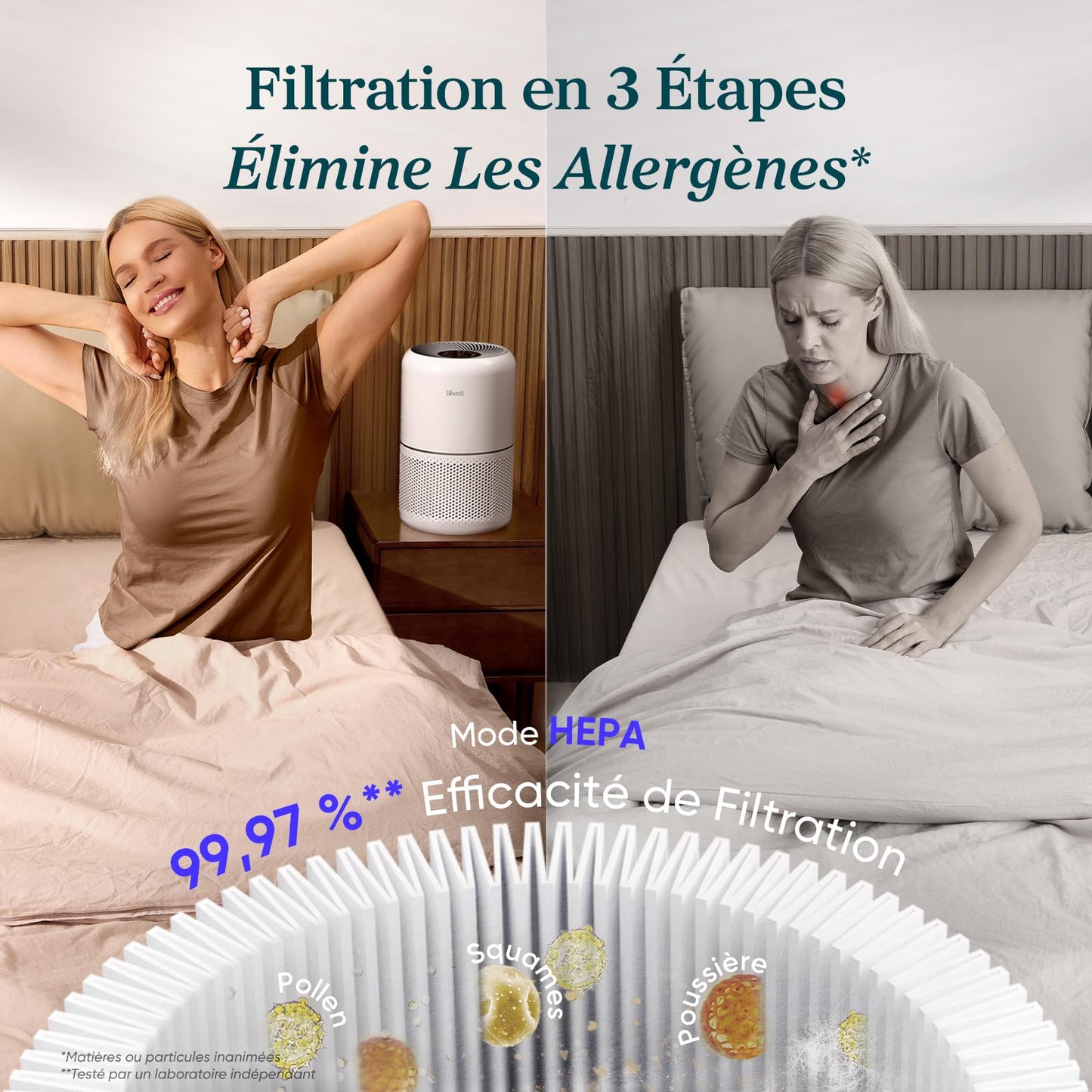 LEVOIT Purificateur d'Air Masion avec HEPA Filtre, CADR 187m³/h, 360° Purifier, 24dB Mode Veille, 100%Sans Ozone, avec 3 Vitesses, Minuterie, Capturer la Fumée Pollen Poussière Core 300