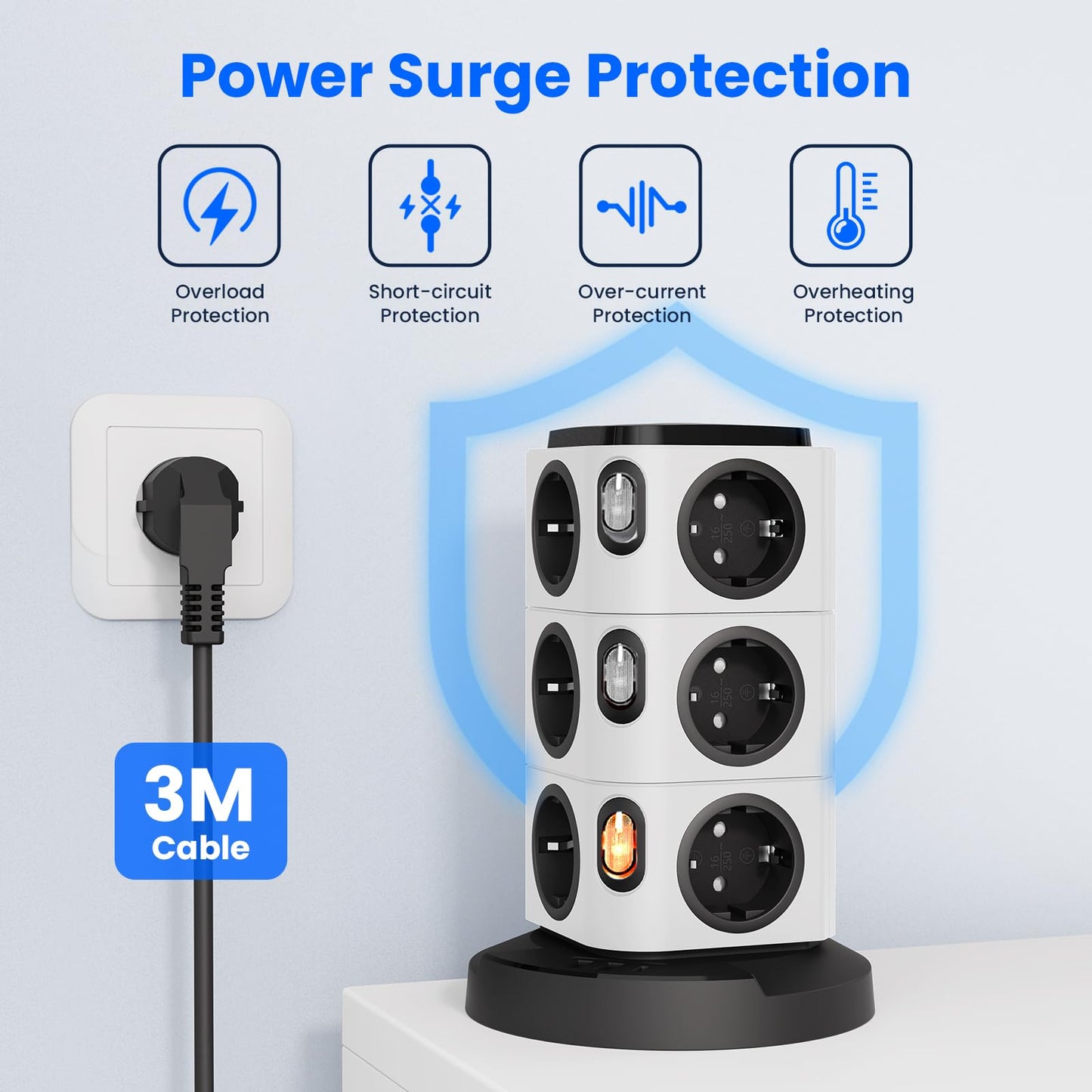 Acodot Multiprise Electrique, 12 Compartiments Multiprise avec USB, Multi Prise de Protection Contre Les Surtensions Tower avec 4 Interrupteurs, Veilleuse Design Originale et USB-A, USB-C Câble 3M