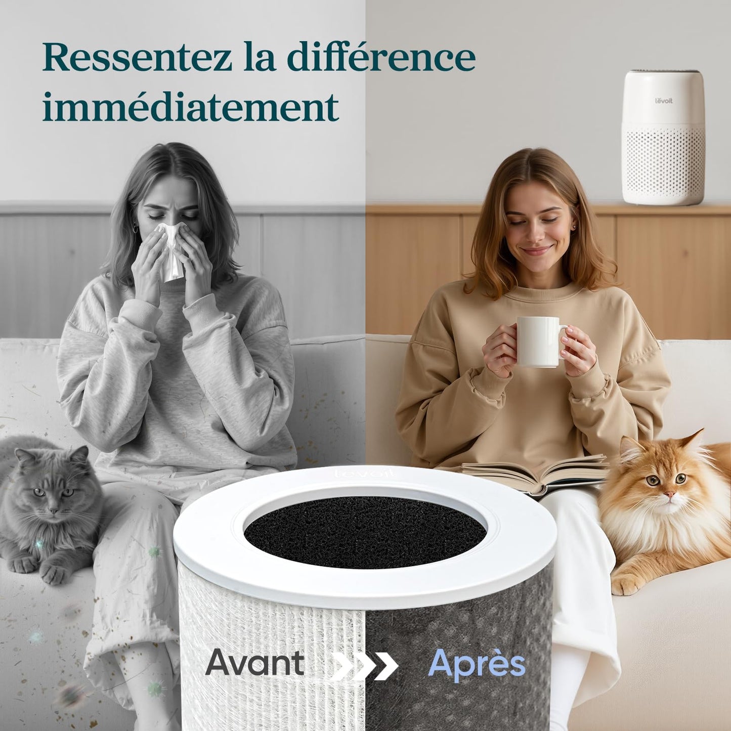 LEVOIT Purificateur d'Air Chambre, Filtration Efficace contre Allergies et Odeurs, Silencieux, avec Éponge d'Aromathérapie, 7W Économie d'Énergie, 3 Vitesses, Air Purifier HEPA pour Maison Bureau