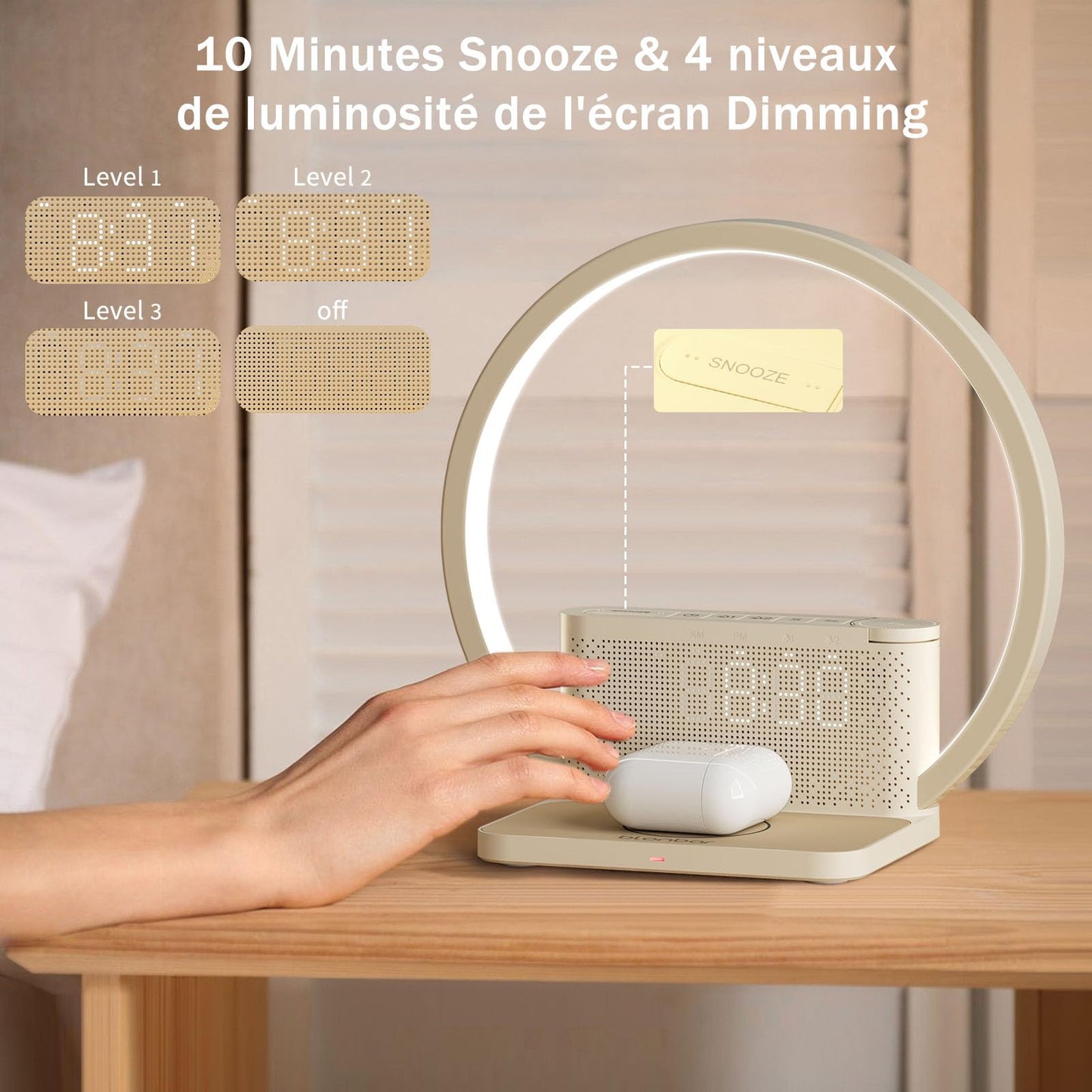 blonbar Réveil Lumineux Simulateur d'Aube, Lampe de Reveil avec tactile réglable,3 niveaux de luminosité,lampe de chevet avec chargeur sans fil, aide à dormir les bébés et les adultes