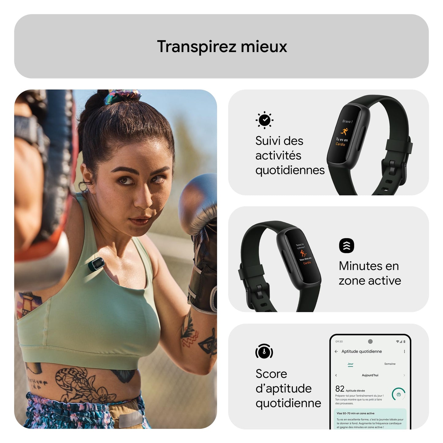 Google Fitbit Inspire 3 Bracelet d’activité sport et santé avec jusqu’à 10 jours d’autonomie de batterie et compatible avec Android et iOS, Parme, Noir intense