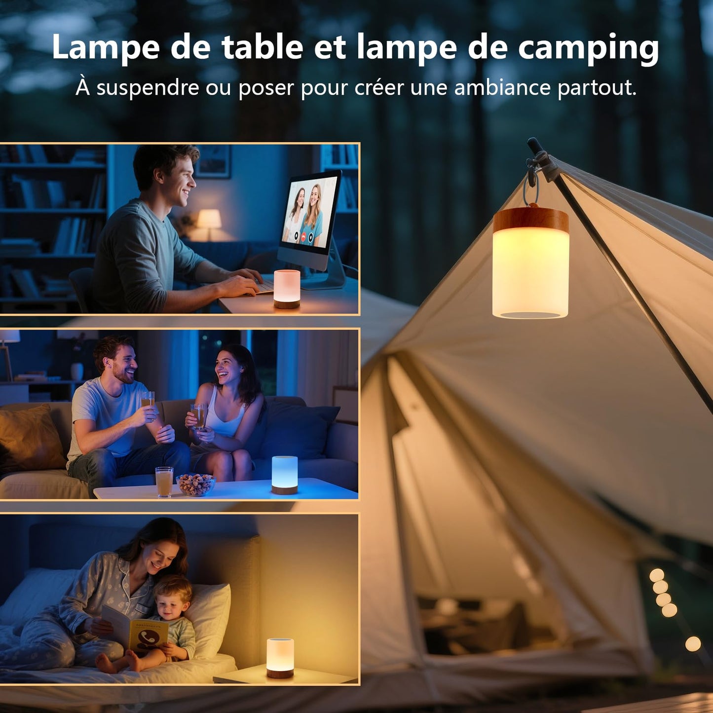VKH Lampe de chevet LED RGB sans fil tactile et dimmable avec télécommande, veilleuse rechargeable USB pour chambre, lampe de table décorative – Modèle Cylindre Haut