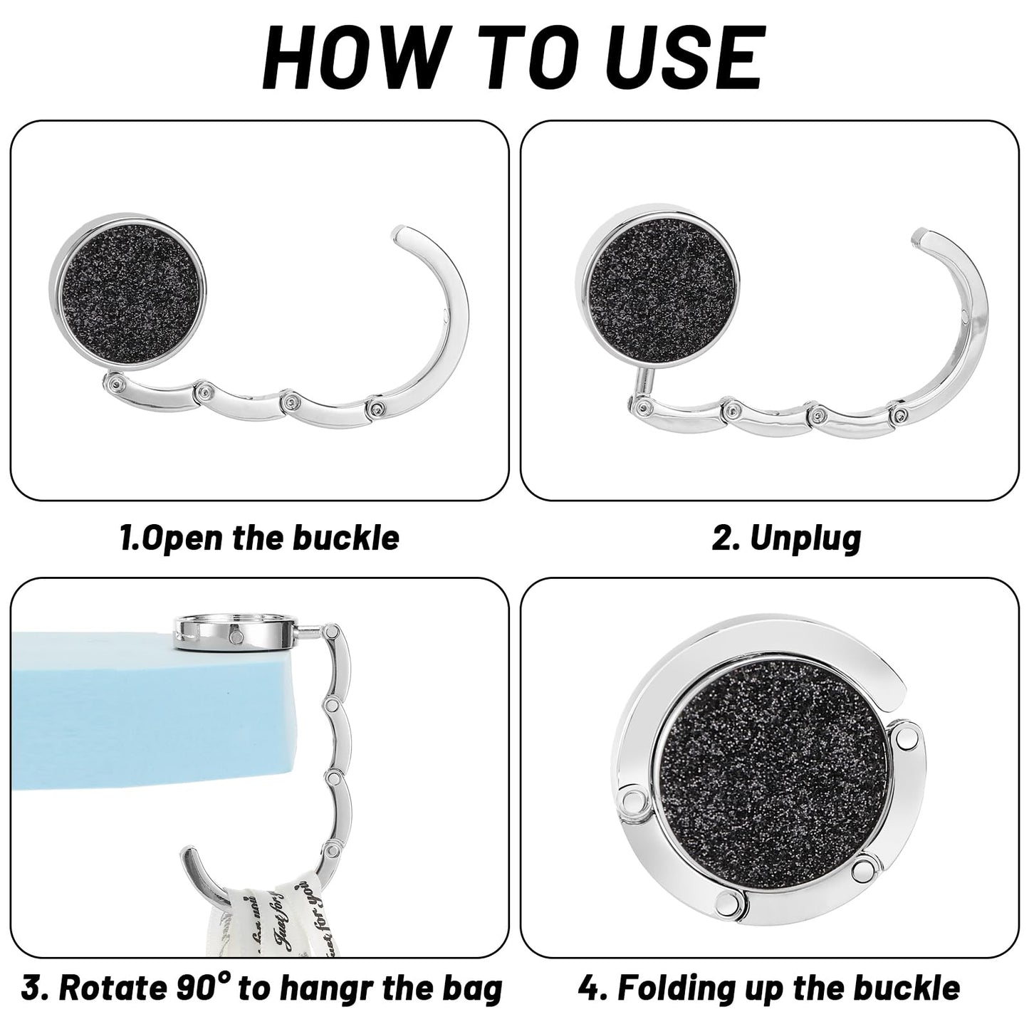 Auauraintt Lot de 2 crochets de table et de sac, pliable, antidérapant, jusqu'à 3 kg, pour sacs au bureau, restaurant, cintre à vêtements (noir flash)