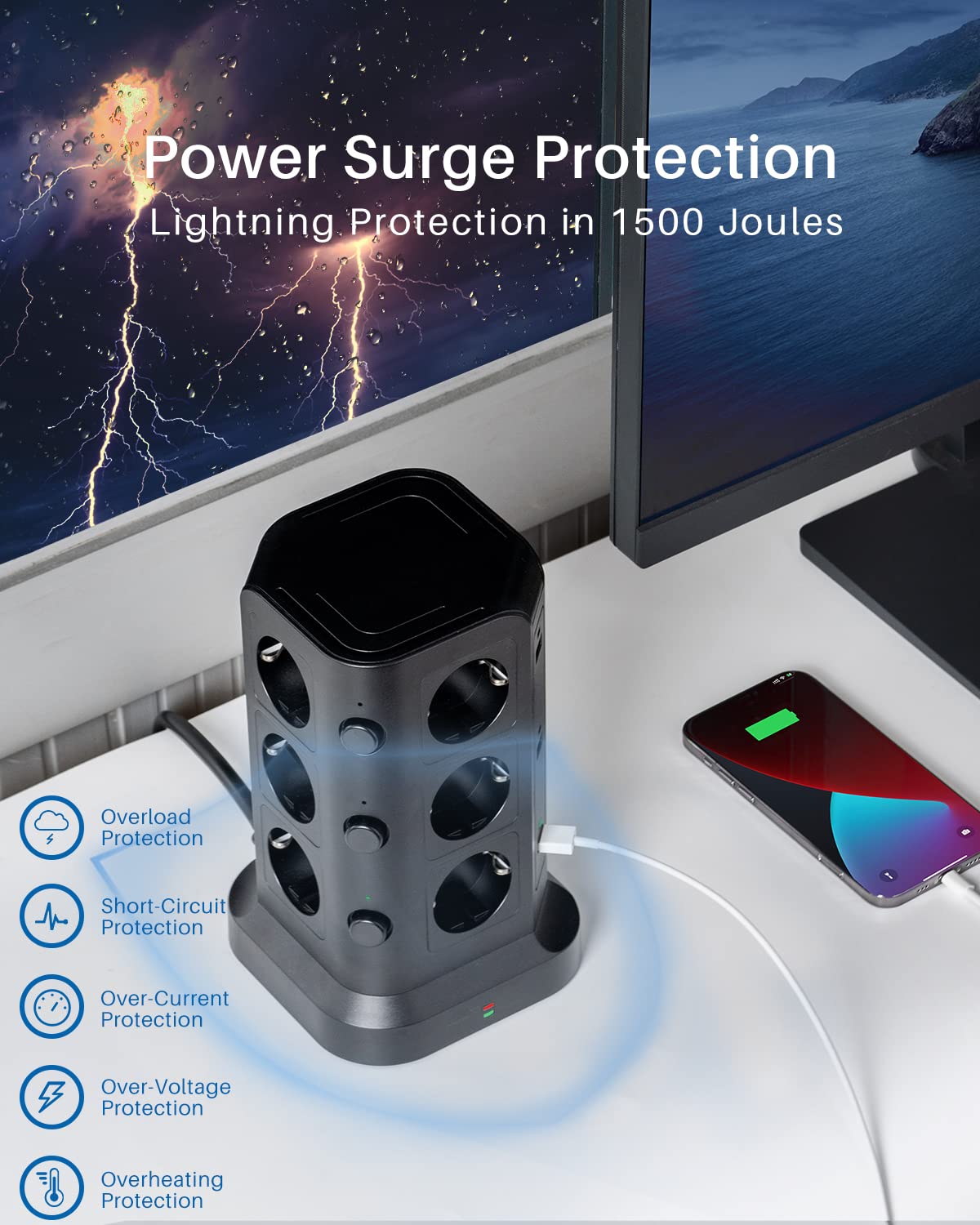 KOOSLA Tour multiprise parafoudre et surtension(4000W/16A), Multiprise Electrique avec 6 Ports USB et 12 Prises, multiprise avec et 3 Interrupteurs, 2M Cordon, Noir