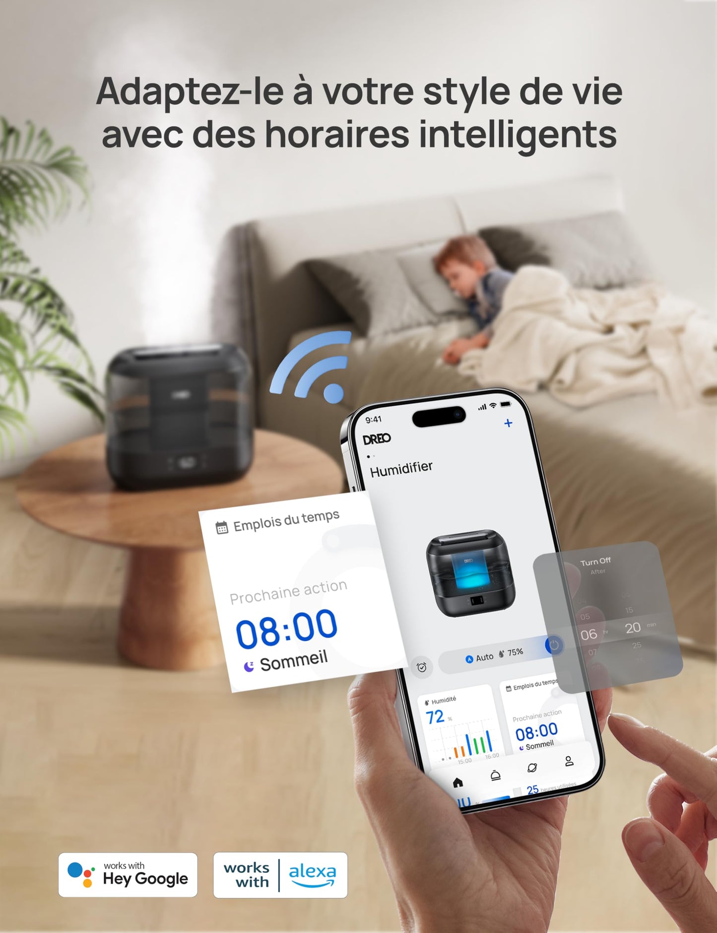 Dreo Smart Humidificateur pour chambre à coucher, Top Fill 4L Humidificateur de brume fraîche surdimensionné avec diffuseur d'huile et veilleuse, 32H d'autonomie, Silencieux pour la maison, le bureau