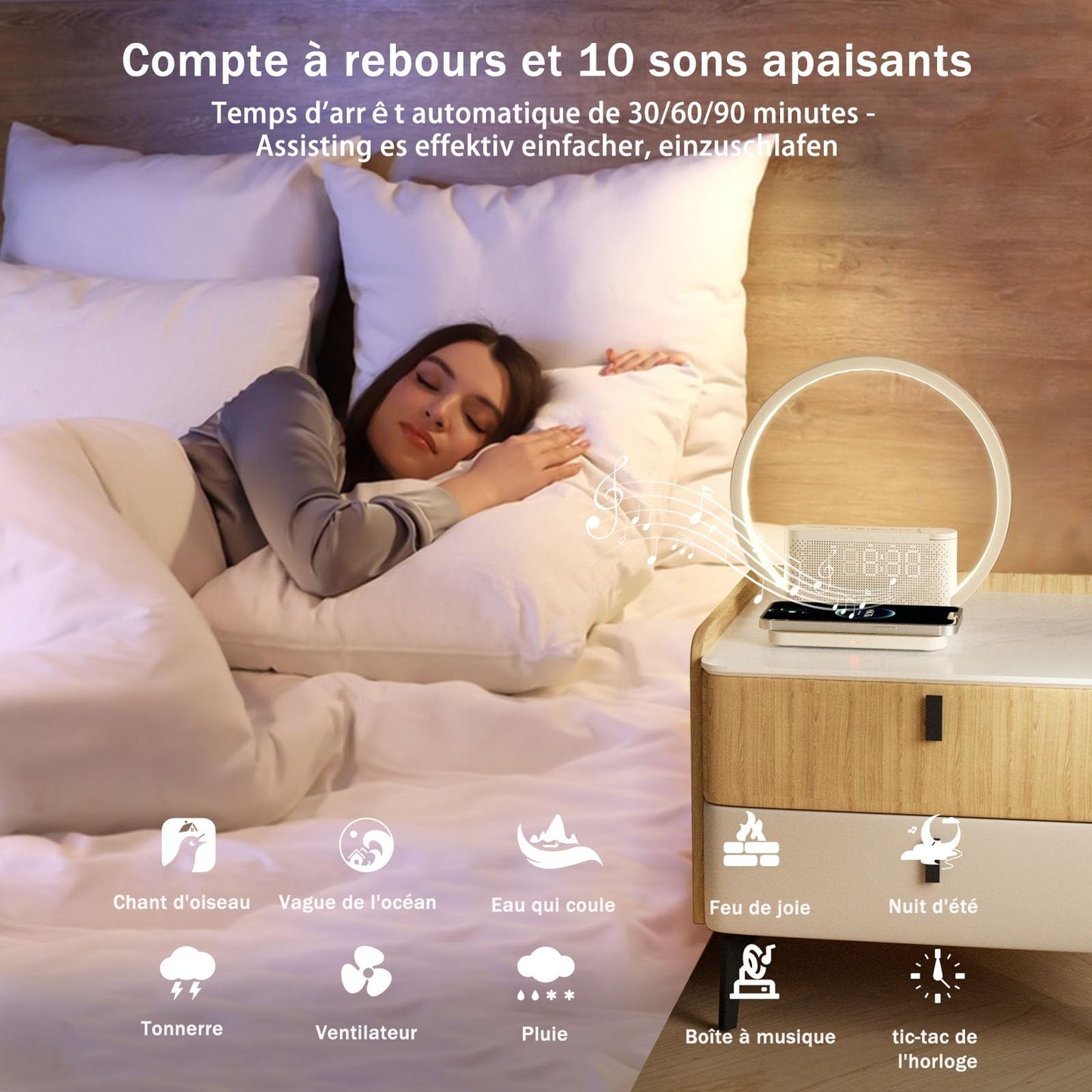 blonbar Réveil Lumineux Simulateur d'Aube, Lampe de Reveil avec tactile réglable,3 niveaux de luminosité,lampe de chevet avec chargeur sans fil, aide à dormir les bébés et les adultes
