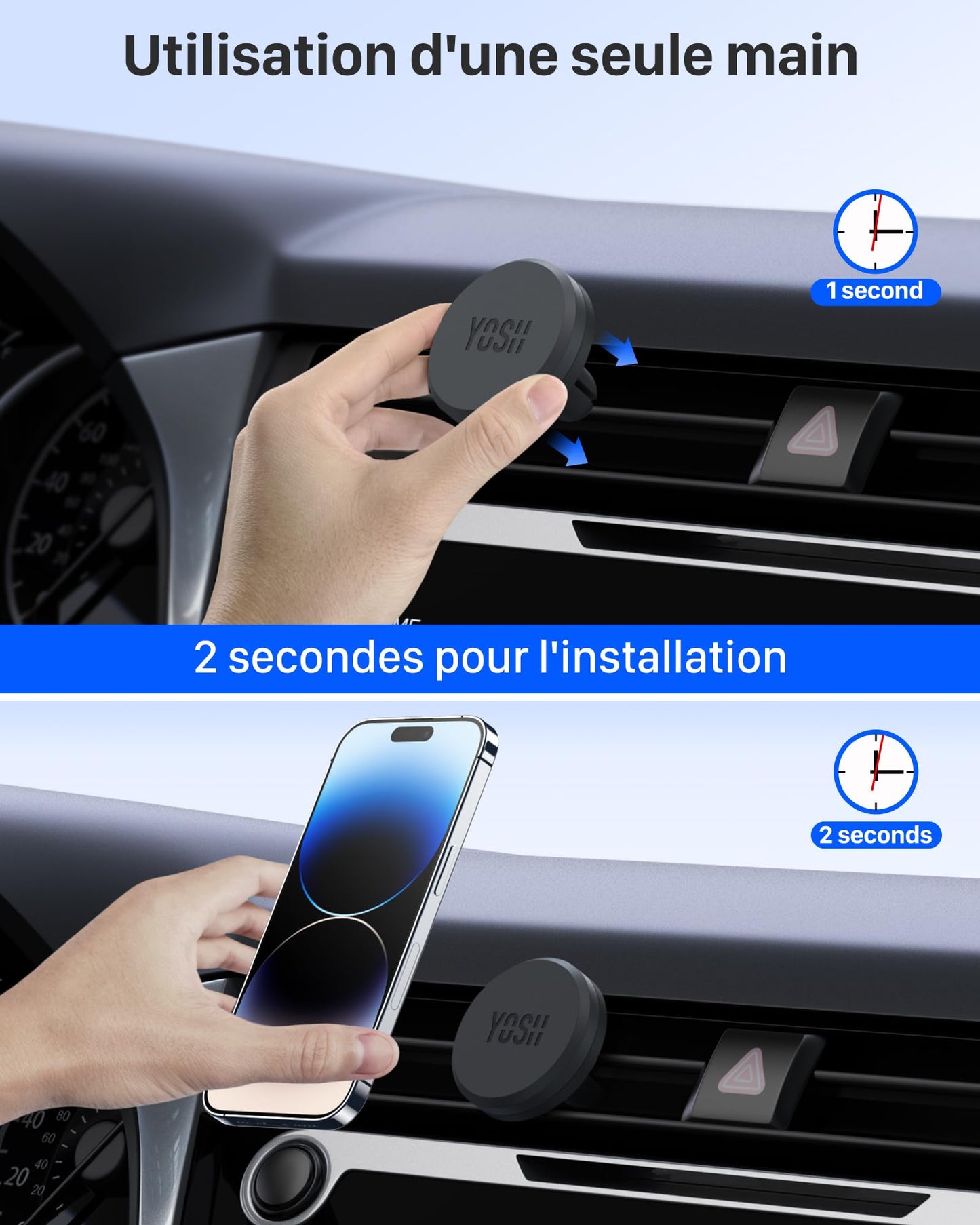 YOSH Support Telephone Voiture Magnetique, [Magnétisme Puissant] Porte Téléphone Voiture Aimanté pour iPhone 16 15 14 Pro Max Plus, Samsung Huawei Xiaomi & Android Smartphone [avec Plaque de métal]