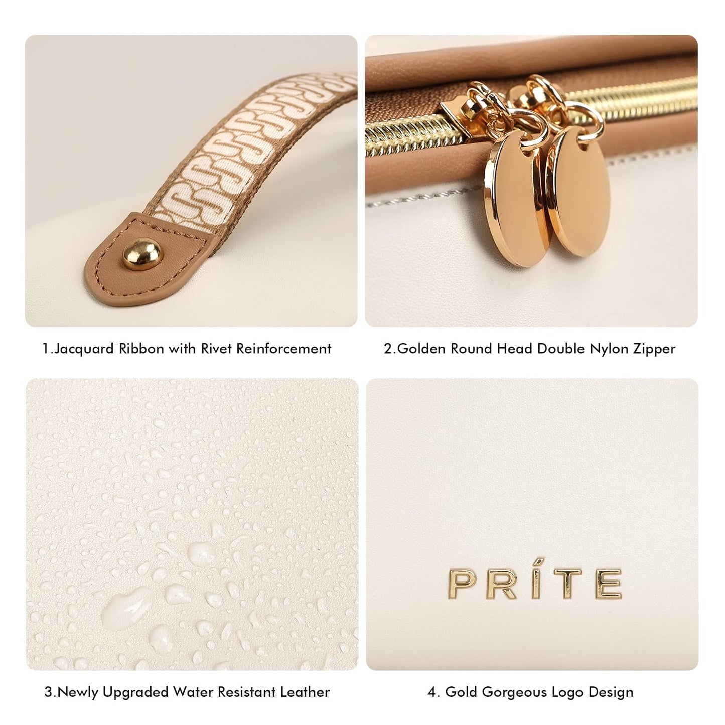 Prite Grande Capacité Trousse de Maquillage pour Femme Trousse de Toilette en Cuir PU Vanity Imperméable pour Voyage avec Séparateur Transparent et Poignée (Beige)