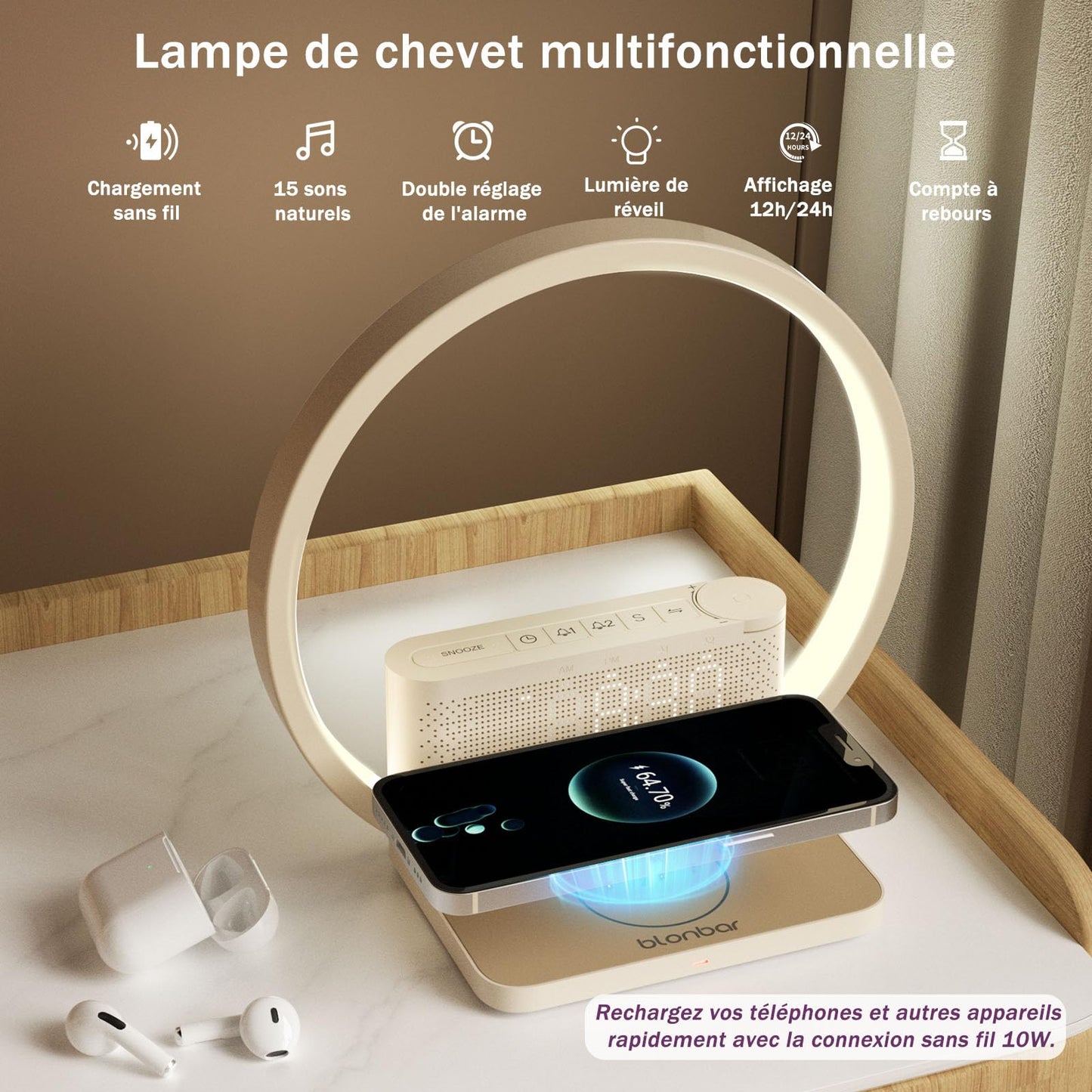 blonbar Réveil Lumineux Simulateur d'Aube, Lampe de Reveil avec tactile réglable,3 niveaux de luminosité,lampe de chevet avec chargeur sans fil, aide à dormir les bébés et les adultes