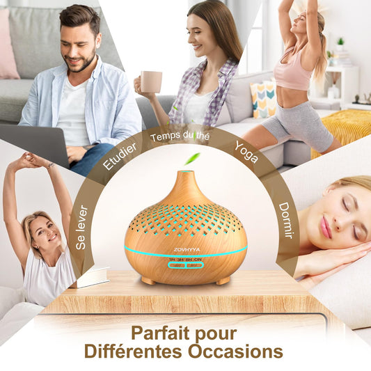 ZOVHYYA Diffuseur Huiles Essentielles 500ML Diffuseur Arômes Humidificateurs Diffuseur 14 LED avec Télécommande 3 Minuterie et Arrêt Automatique pour Salon Chambre Yoga comme Cadeau Anniversaire