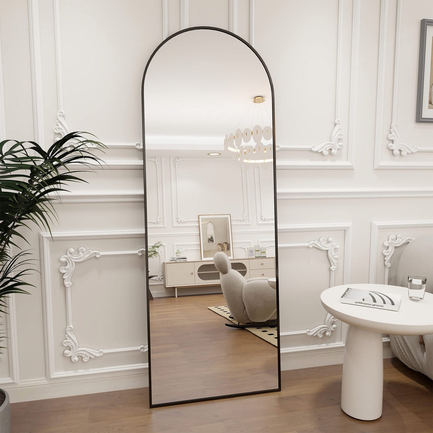 Koonmi Miroir complet arqué, 45 x 147 cm, grand miroir sur pied bombé, pleine longueur, monté au mur, incliné, miroir de sol pour le salon, noir.