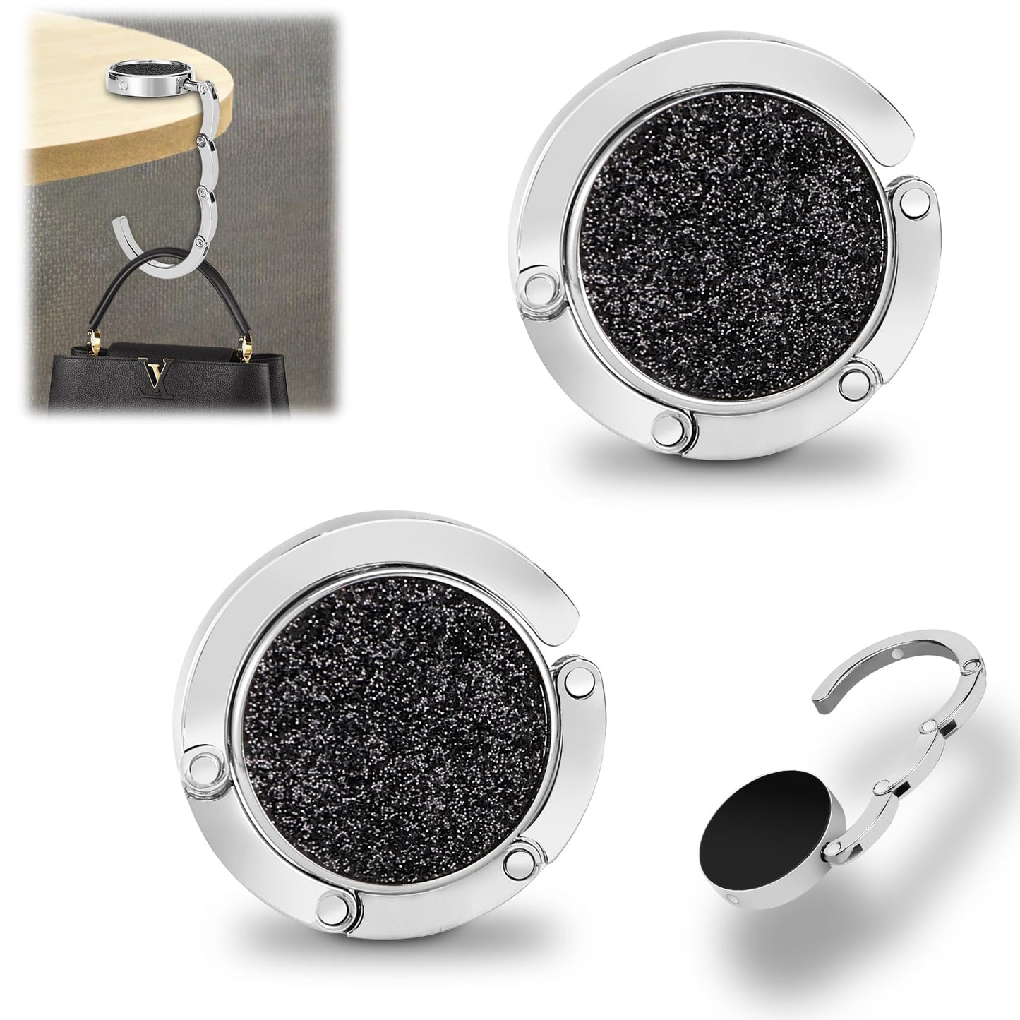 Auauraintt Lot de 2 crochets de table et de sac, pliable, antidérapant, jusqu'à 3 kg, pour sacs au bureau, restaurant, cintre à vêtements (noir flash)