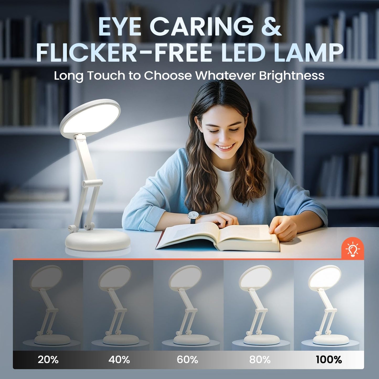 One Fire Lampe de Bureau LED Rechargeable, 3600mAH +9 Niveaux de Luminosité Lampe LED Rechargeable Sans Fil & Pliable & Portable, Lumiere Sans Fil Pour Bureau et Chevet
