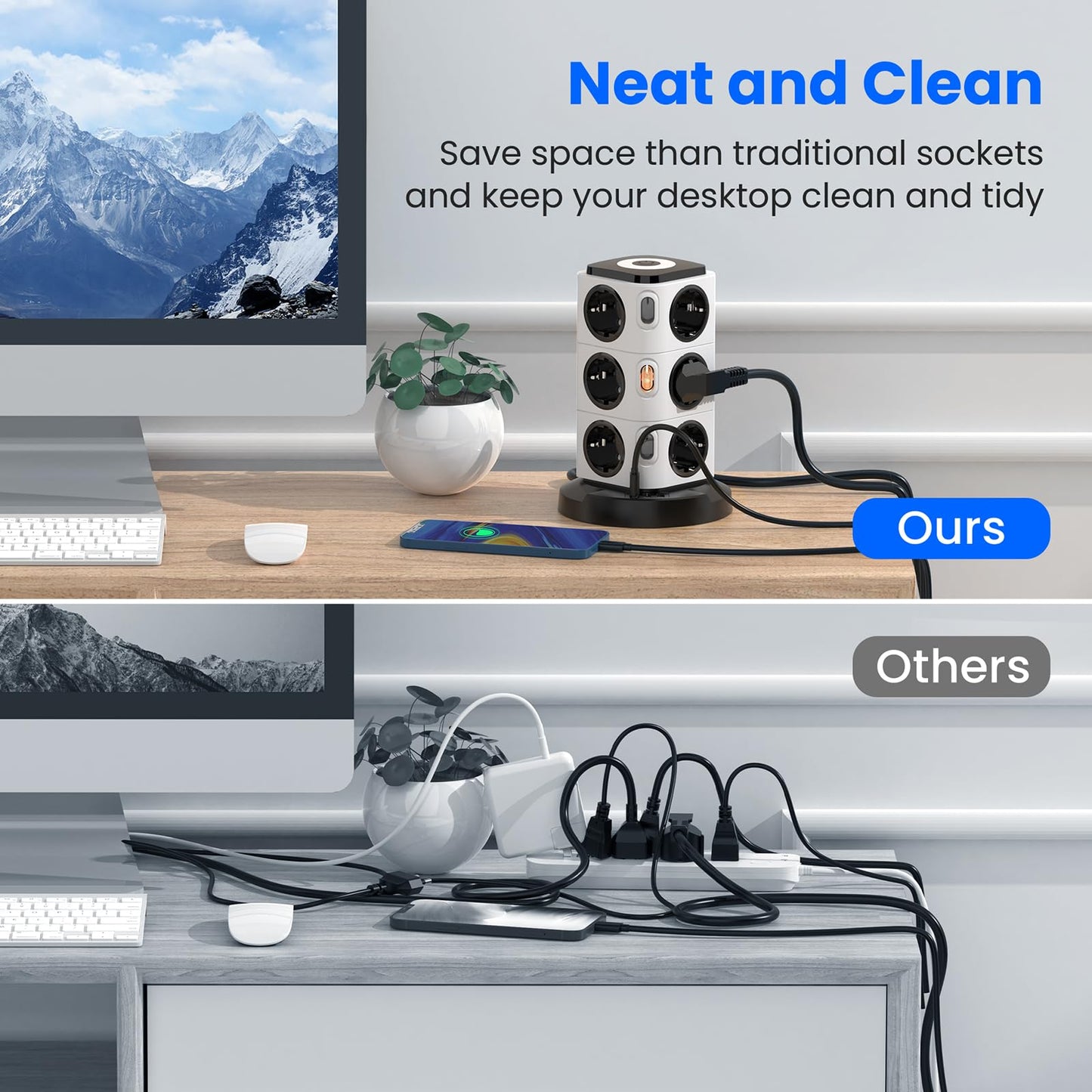 Acodot Multiprise Electrique, 12 Compartiments Multiprise avec USB, Multi Prise de Protection Contre Les Surtensions Tower avec 4 Interrupteurs, Veilleuse Design Originale et USB-A, USB-C Câble 3M