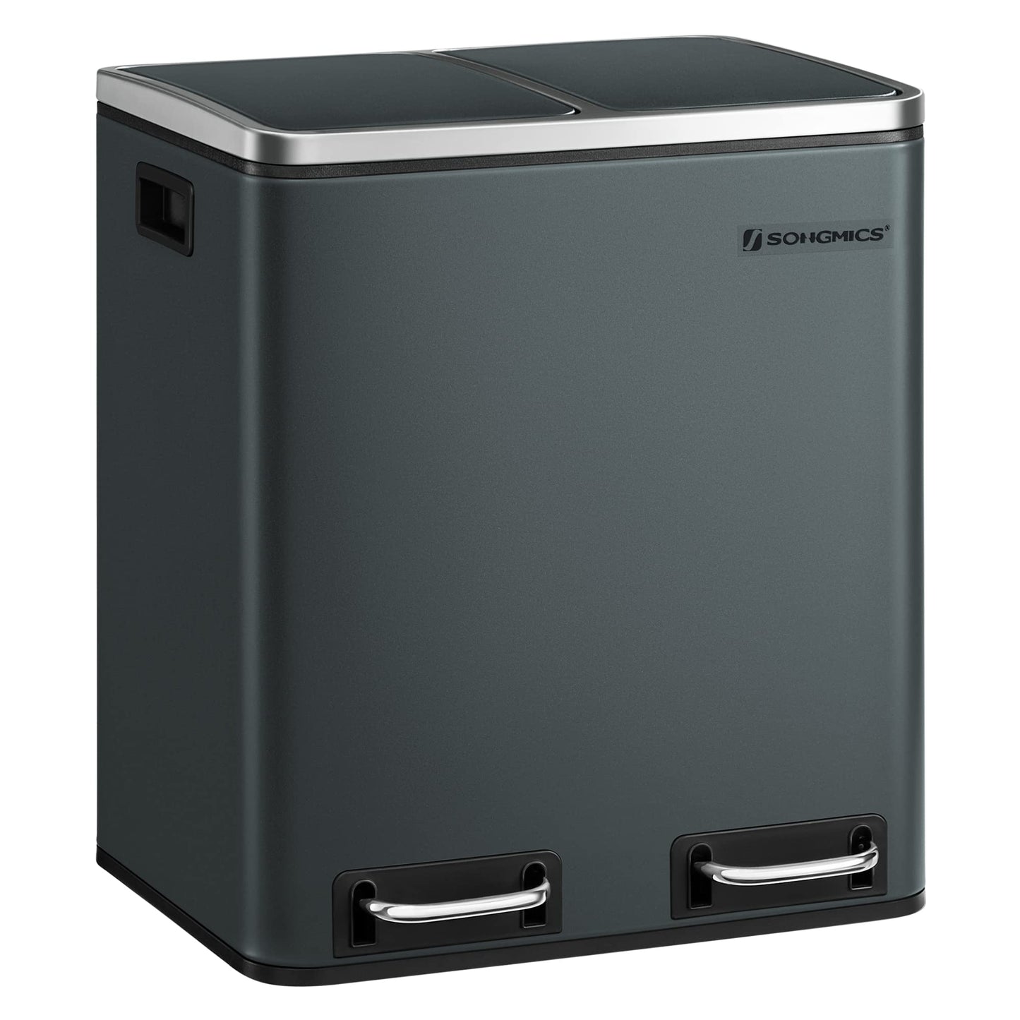 SONGMICS Poubelle Cuisine, 2 x 15L, Poubelle Tri, avec Pédale, 2 Compartiments, 15 Sacs Poubelles, Seaux Intérieurs, Couvercles en Douceur, en Acier, Gris Verdâtre LTB30GS
