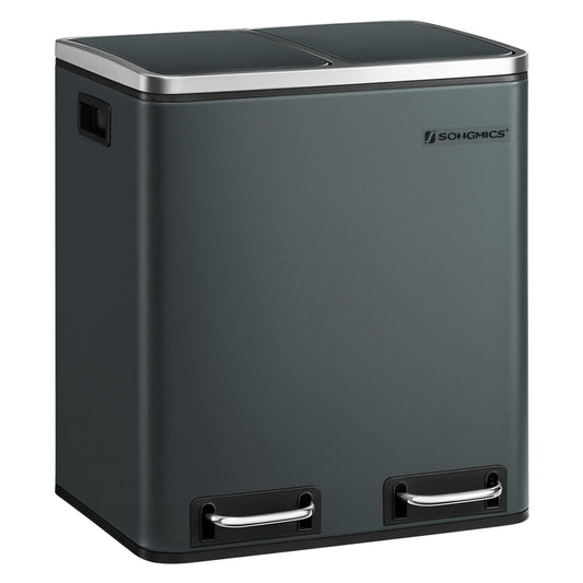 SONGMICS Poubelle Cuisine, 2 x 15L, Poubelle Tri, avec Pédale, 2 Compartiments, 15 Sacs Poubelles, Seaux Intérieurs, Couvercles en Douceur, en Acier, Gris Verdâtre LTB30GS