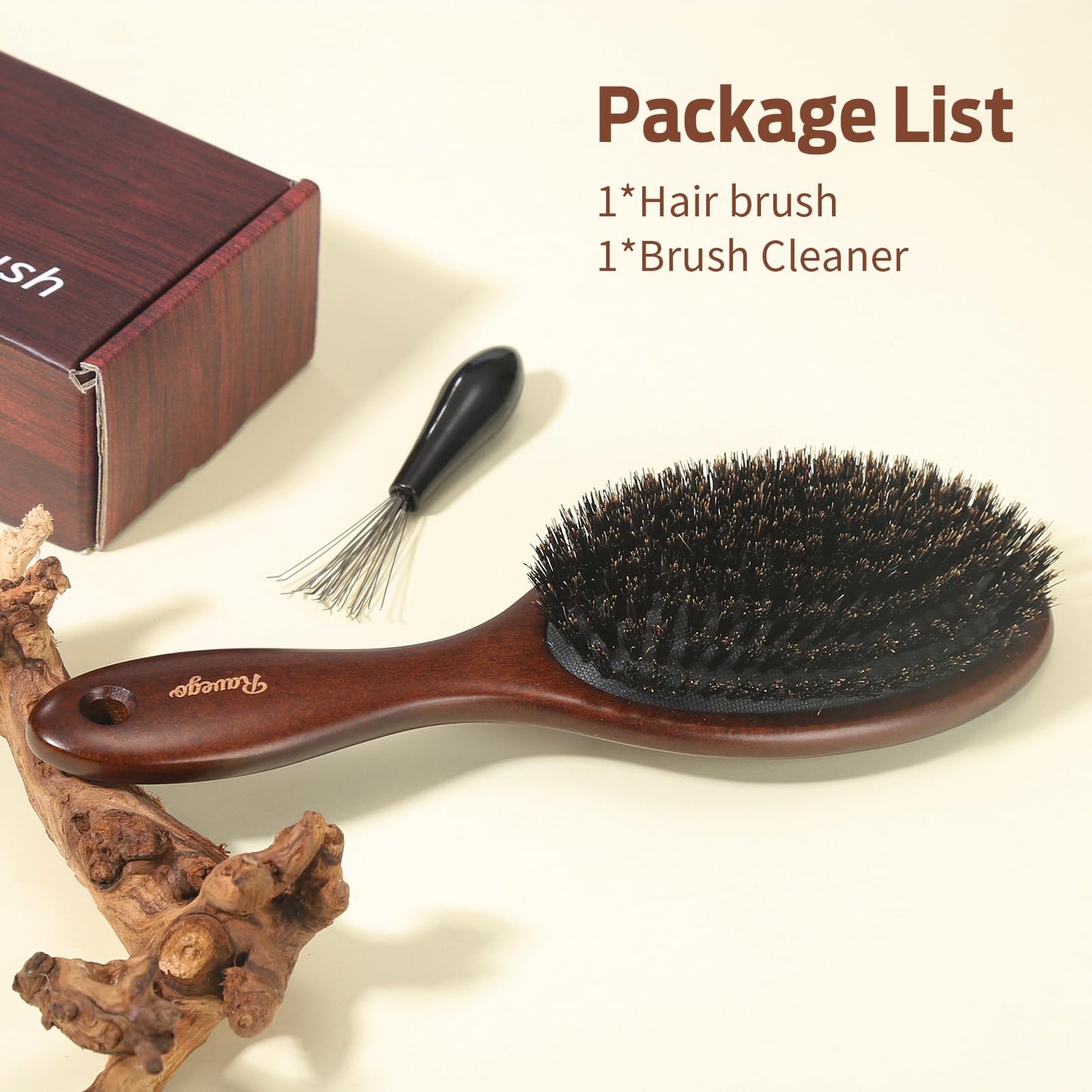 RAVEGO Brosse à cheveux en poils de sanglier pour femme, homme, enfant - Pour démêler et coiffer - Poils naturels pour cheveux fins et fins - Poils rigides