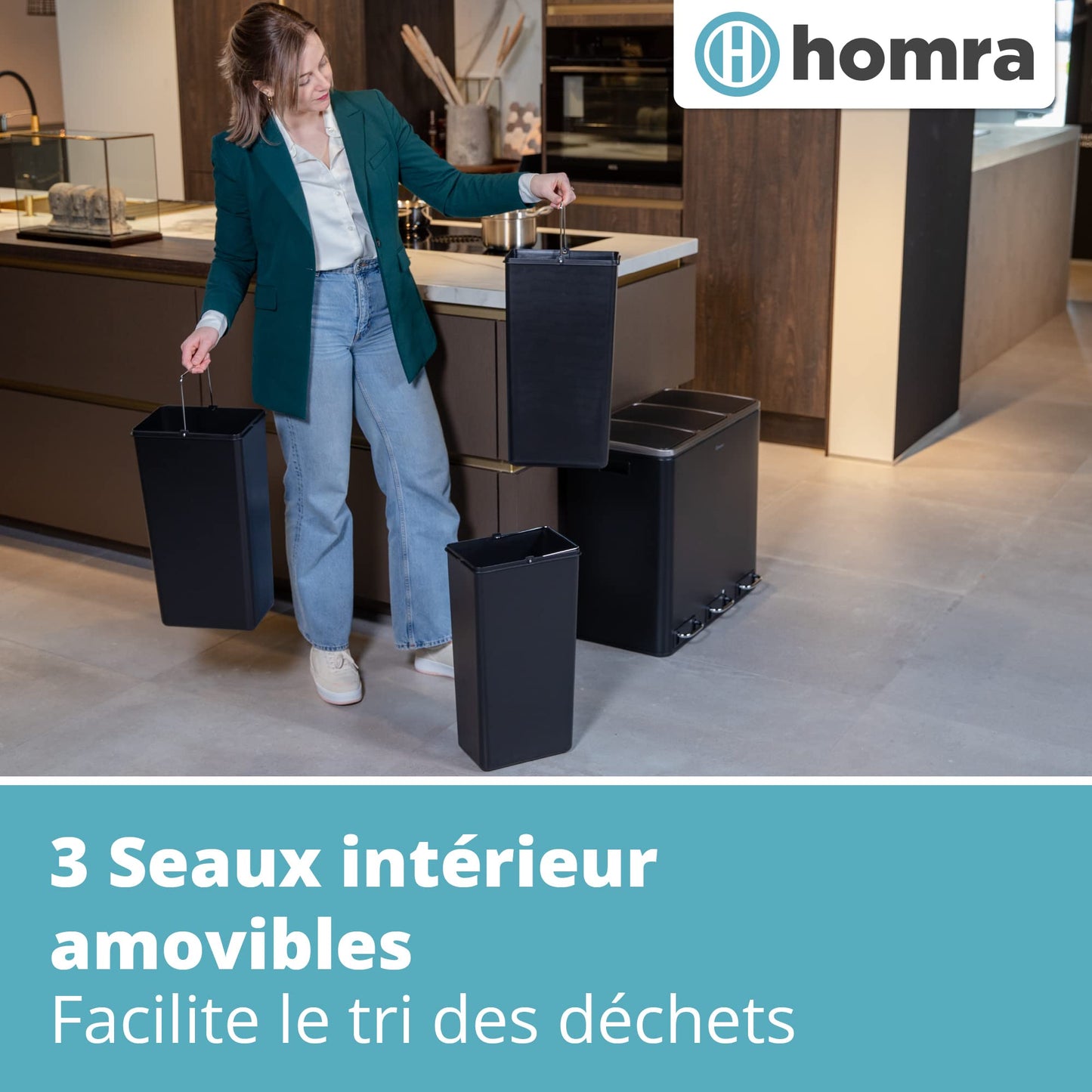 Homra Sparq Poubelle Tri Selectif 3 Bac | Poubelle Cuisine 54 Litres Acier inoxydable | Poubelle à Pédale 3x18 litres | Déchets et recyclage | 3 Bacs Amovibles et Fermeture Douce | Inox Noir