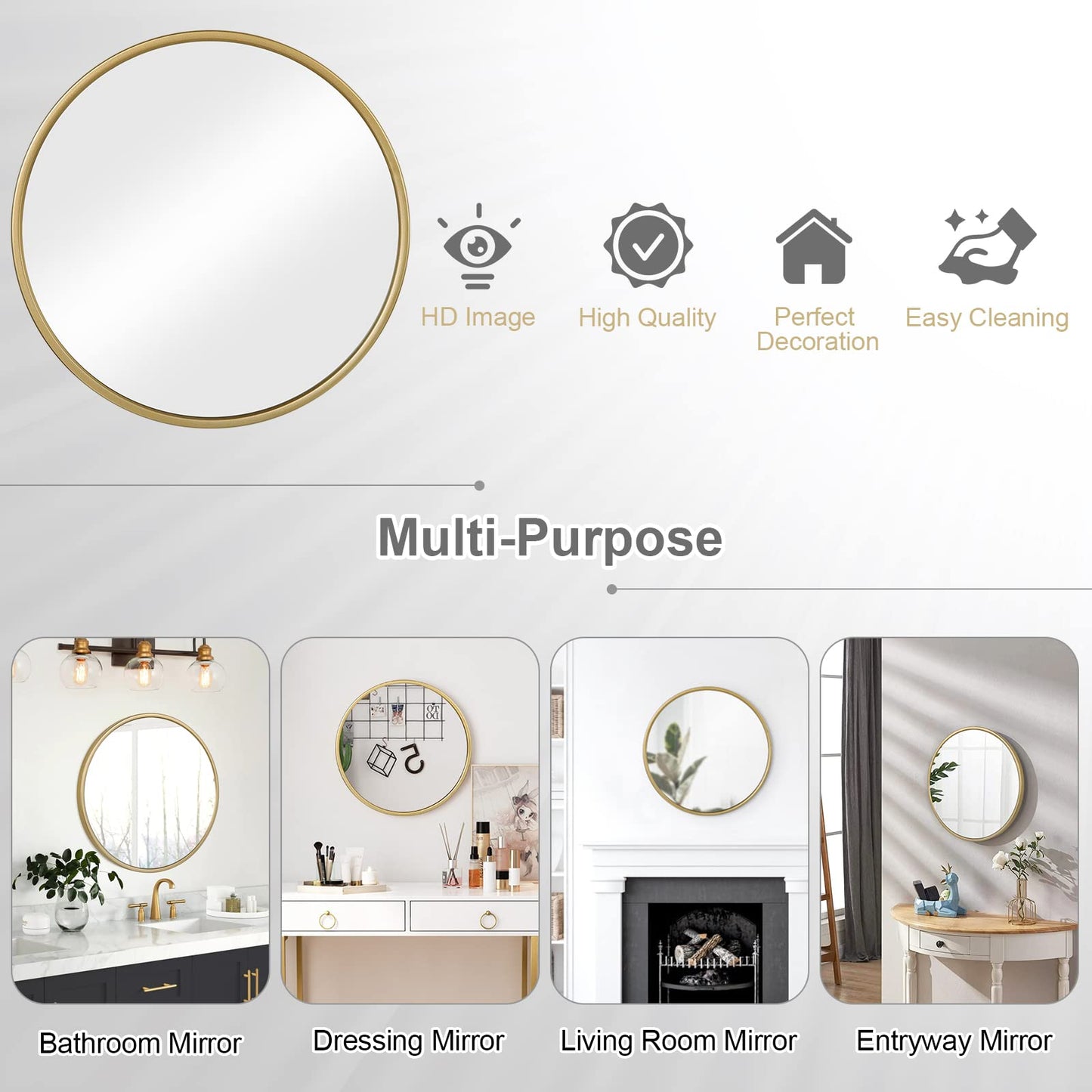 WOLTU Miroir Mural Ø40cm, Doré, Rond avec Cadre en Métal, Décoratif,Miroir Maquillage Moderne, Suspendu pour Salle de Bain, Chambre, Salon, Couloir