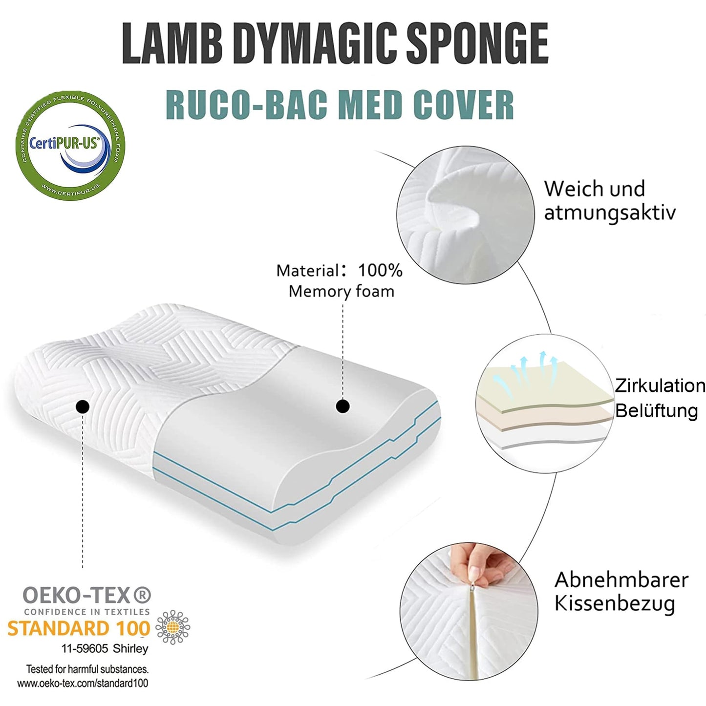 LAMB Ergonomique Cervical à Mémoire de Forme, Oreiller Orthopédique pour la Nuque, Réglable Hauteur, Oreiller Hypoallergénique Lavable de Soutien Doux Prime, Anti Ronflement & Anti Douleur