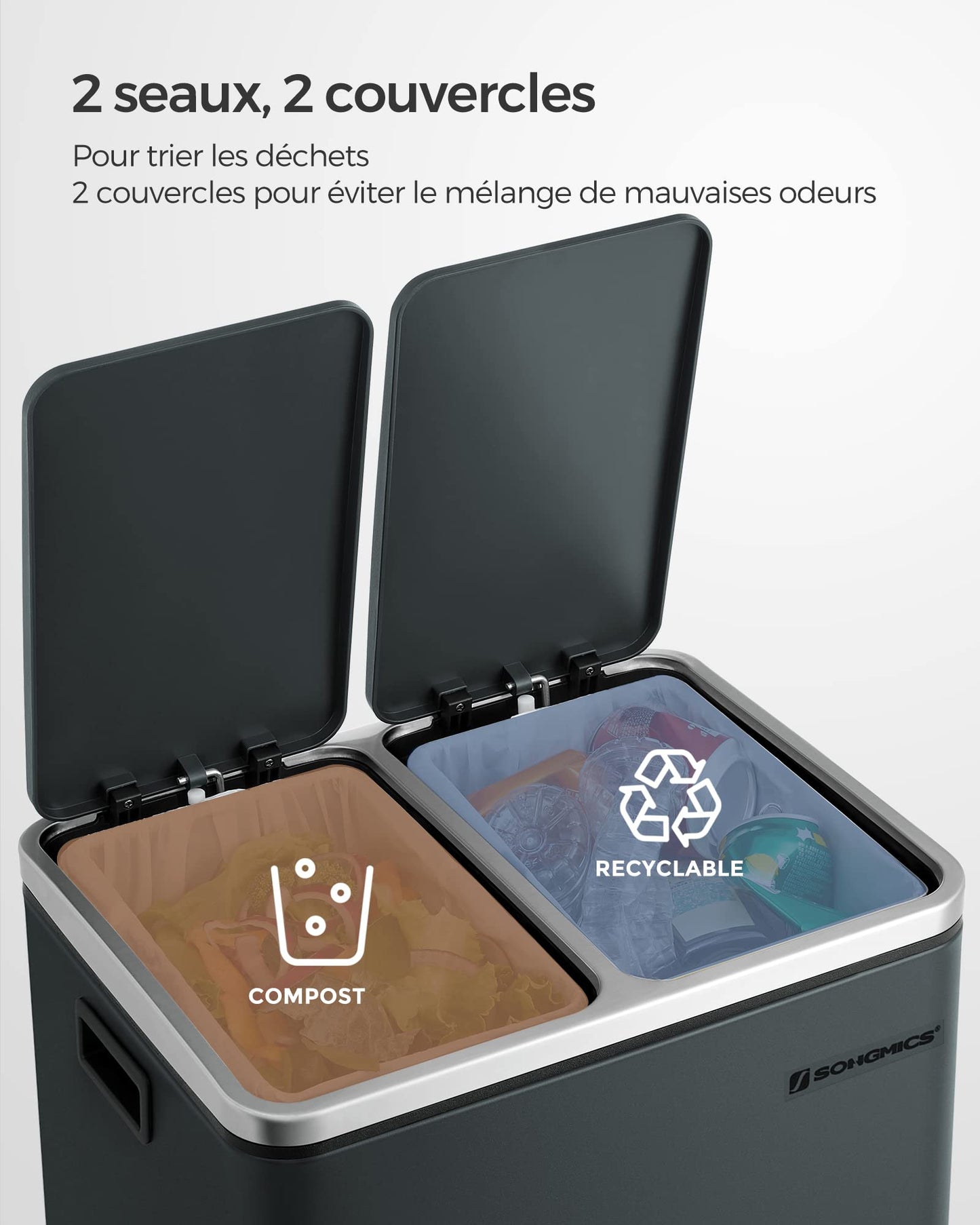 SONGMICS Poubelle Cuisine, 2 x 15L, Poubelle Tri, avec Pédale, 2 Compartiments, 15 Sacs Poubelles, Seaux Intérieurs, Couvercles en Douceur, en Acier, Gris Verdâtre LTB30GS