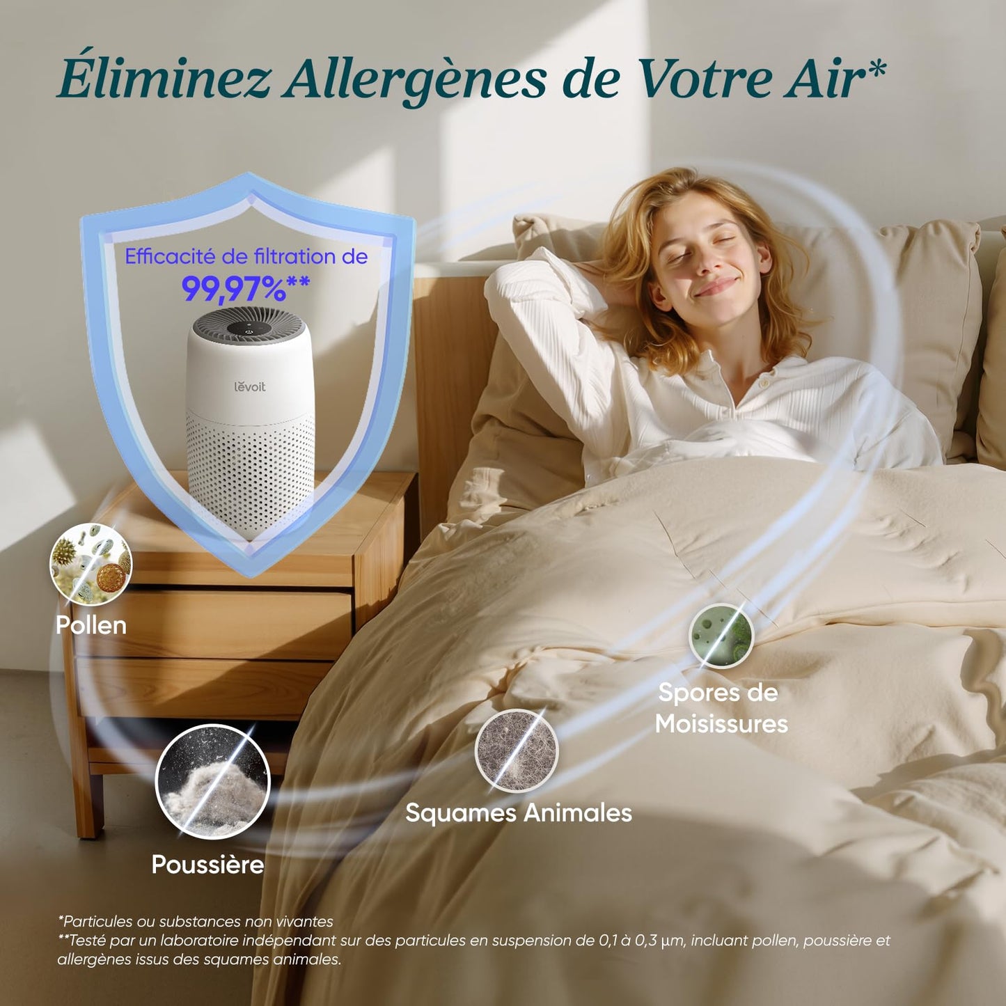 LEVOIT Purificateur d'Air Chambre, Filtration Efficace contre Allergies et Odeurs, Silencieux, avec Éponge d'Aromathérapie, 7W Économie d'Énergie, 3 Vitesses, Air Purifier HEPA pour Maison Bureau