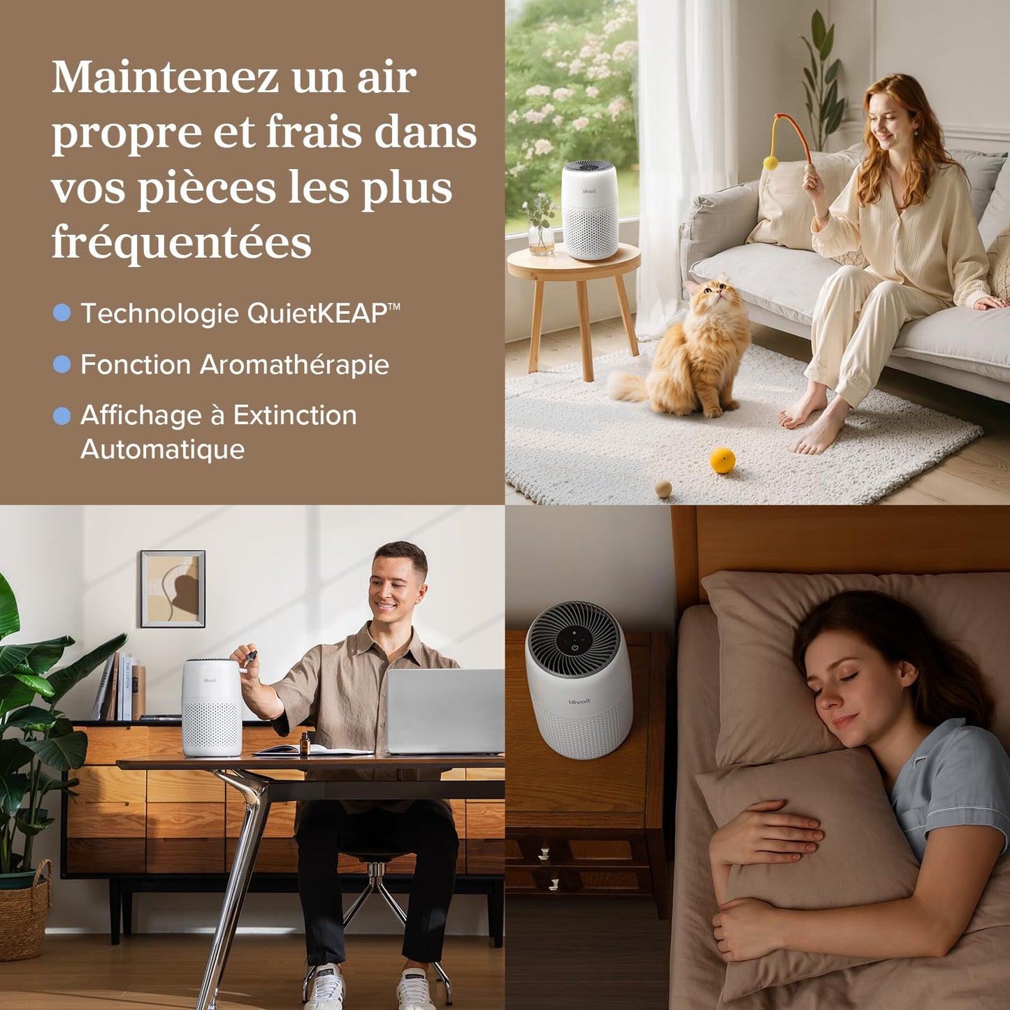 LEVOIT Purificateur d'Air Chambre, Filtration Efficace contre Allergies et Odeurs, Silencieux, avec Éponge d'Aromathérapie, 7W Économie d'Énergie, 3 Vitesses, Air Purifier HEPA pour Maison Bureau