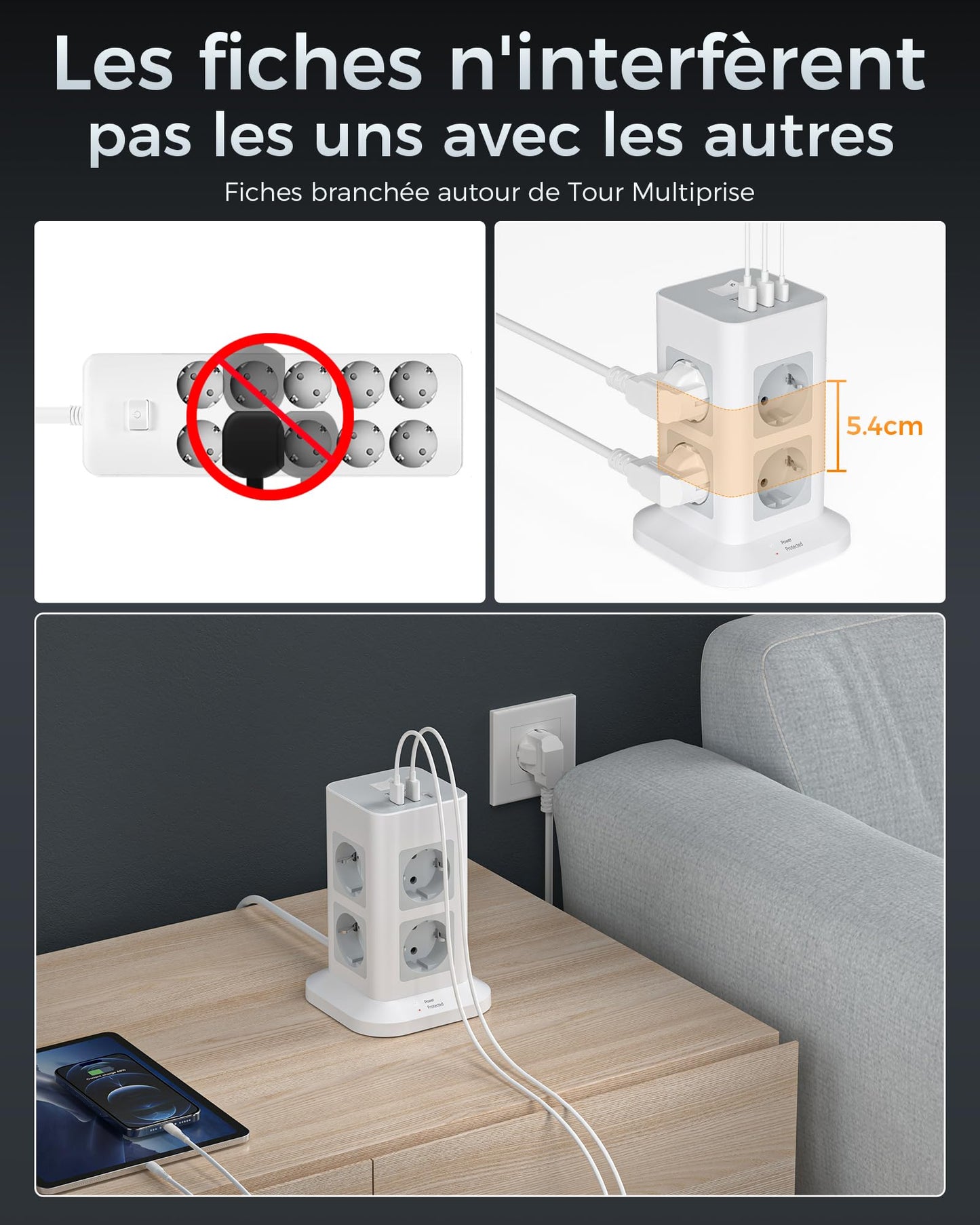 TESSAN Tour Multiprise Parafoudre et Surtension avec 8 Sortie AC et 3 Ports USB, Adaptateur Secteur 3600W avec Interrupteur et Rallonge Electrique 2M, Mult Prise Convient pour Bureau et Maison, Gris