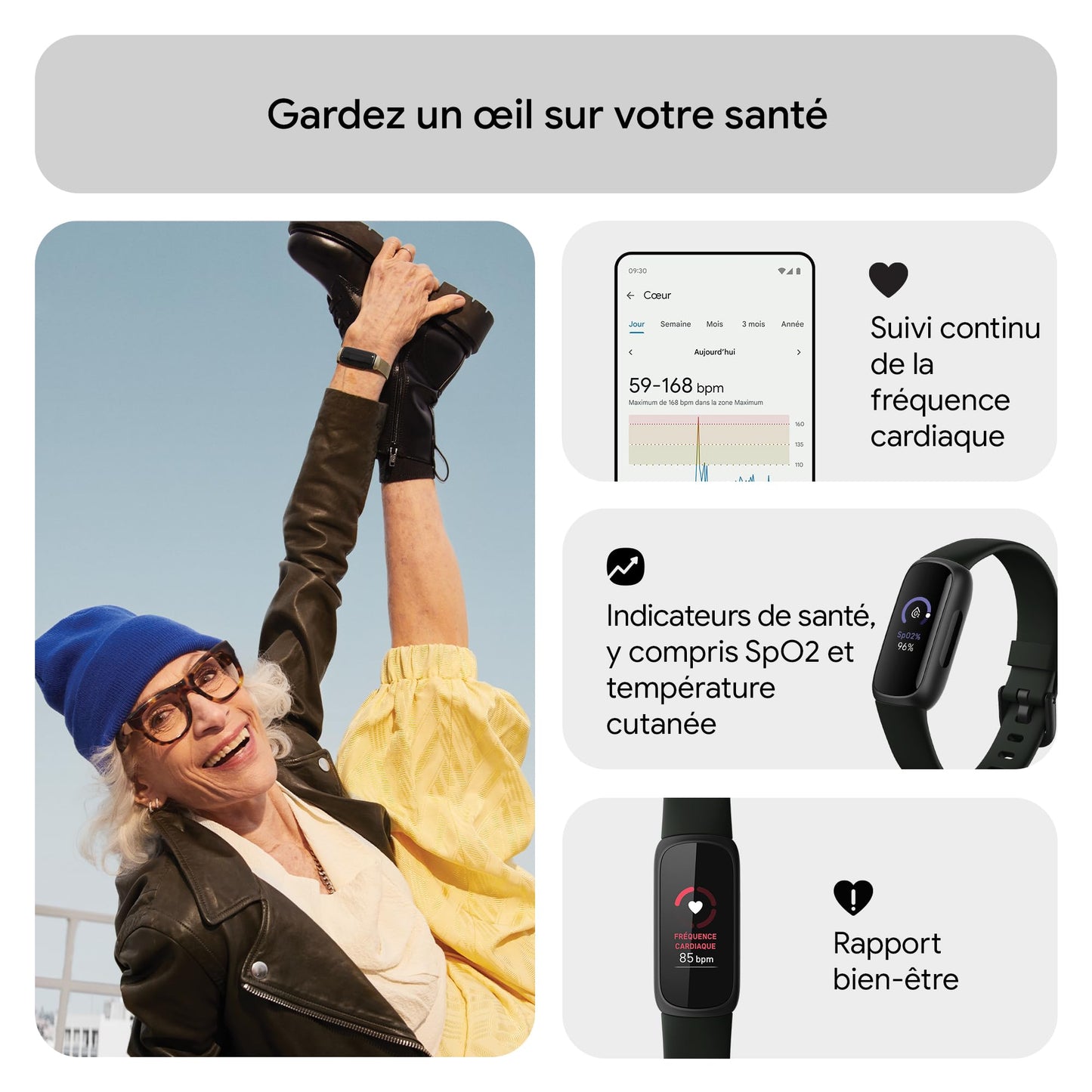 Google Fitbit Inspire 3 Bracelet d’activité sport et santé avec jusqu’à 10 jours d’autonomie de batterie et compatible avec Android et iOS, Parme, Noir intense