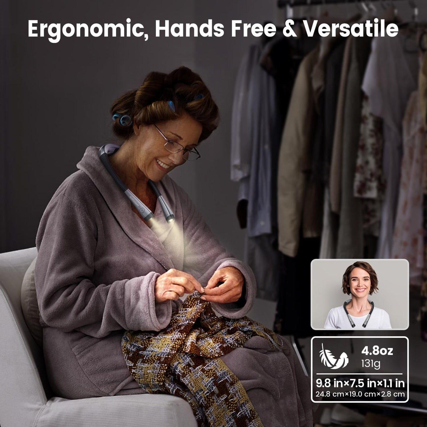 Glocusent Lampe de Lecture de Cou Rechargeable, Liseuse de Lecture au Lit à Bras Pliables, 6 Niveaux de Luminosité, 3 Couleurs, Longue Durée de Vie, Parfaite pour Lecture, Tricot, Réparation