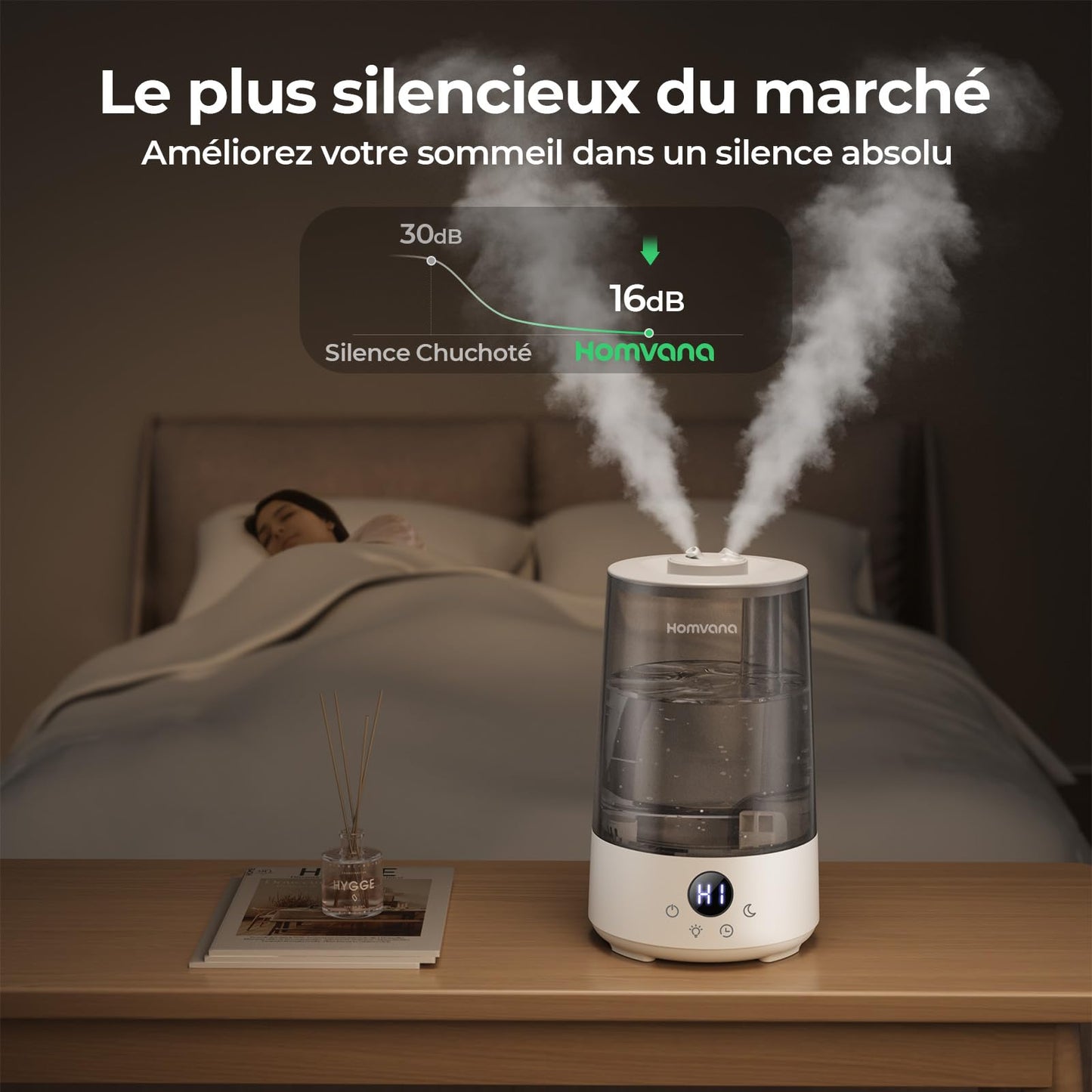 Homvana Humidificateur d'Air bébé, 3.6 L Cool Mist Top-Fill, 16dB Silencieux (SilentSpray), 34H Durable Humidificateu Chambre, Plante, BPA Free Avec Plusieur Modes d'humidité, 7 Color Light, Diffuseur