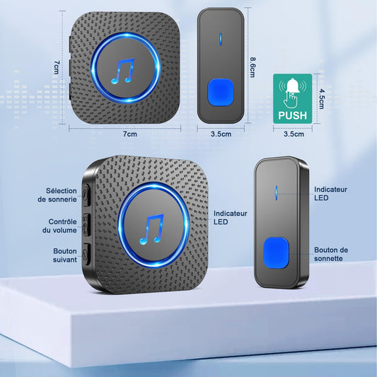 SURFOU Sonnette sans Fil, 400M Sonnette Longue Portée Exterieur Étanche Electronique, Kit de Carillon avec Récepteurs Enfichables pour la Maison, LED Bleu, 55 Mélodies, 5 Niveaux Volumes, Noir
