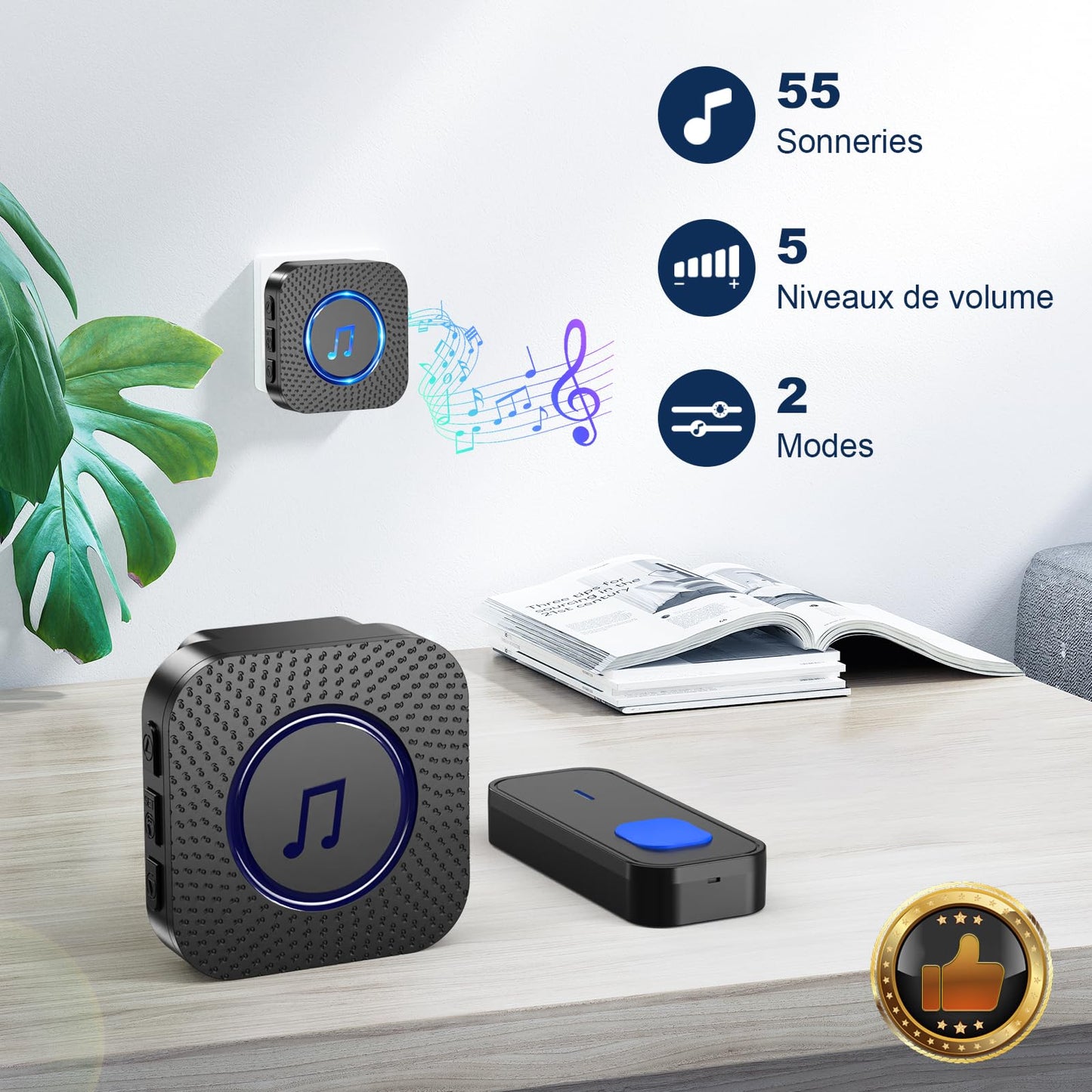 SURFOU Sonnette sans Fil, 400M Sonnette Longue Portée Exterieur Étanche Electronique, Kit de Carillon avec Récepteurs Enfichables pour la Maison, LED Bleu, 55 Mélodies, 5 Niveaux Volumes, Noir