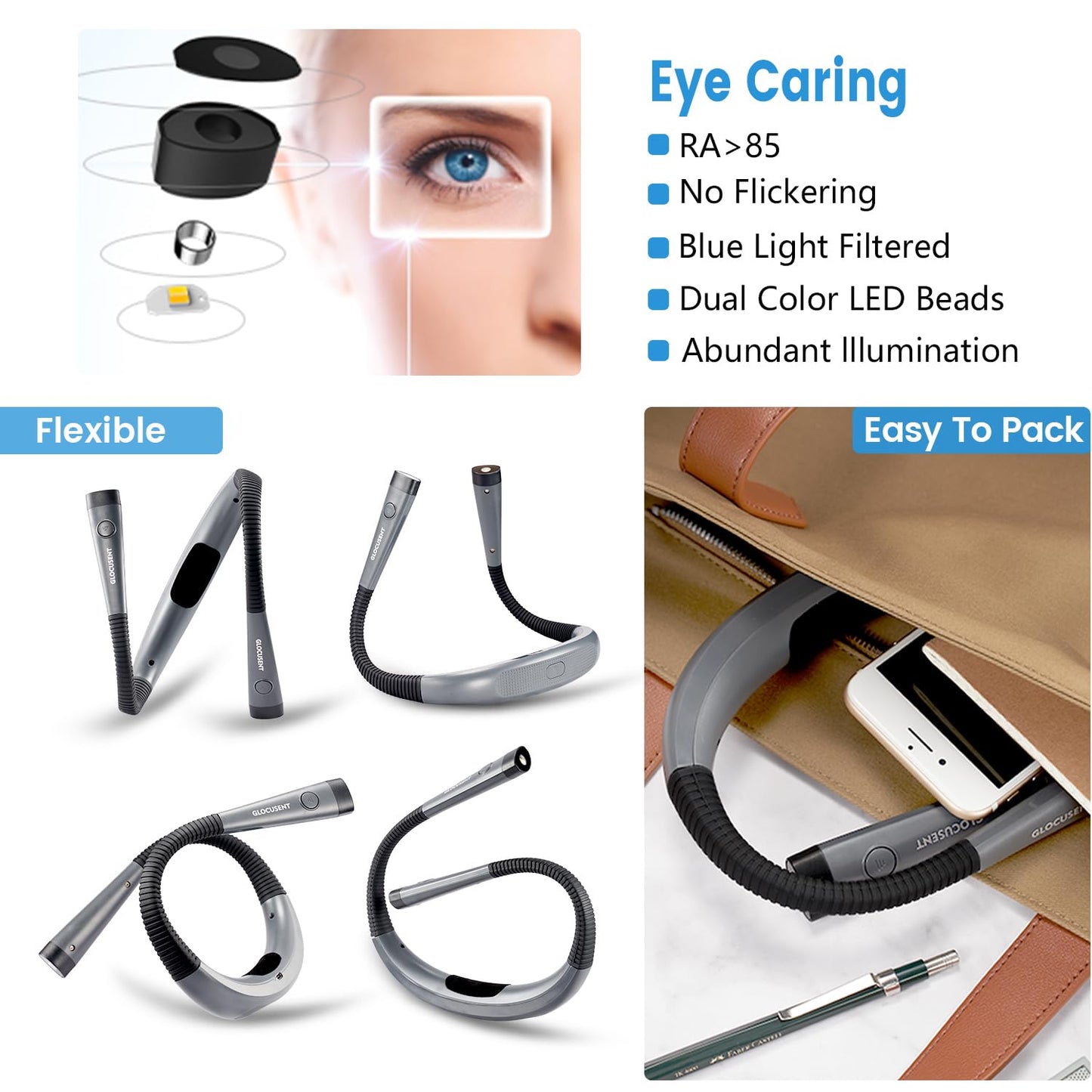 Glocusent Lampe de Lecture de Cou Rechargeable, Liseuse de Lecture au Lit à Bras Pliables, 6 Niveaux de Luminosité, 3 Couleurs, Longue Durée de Vie, Parfaite pour Lecture, Tricot, Réparation