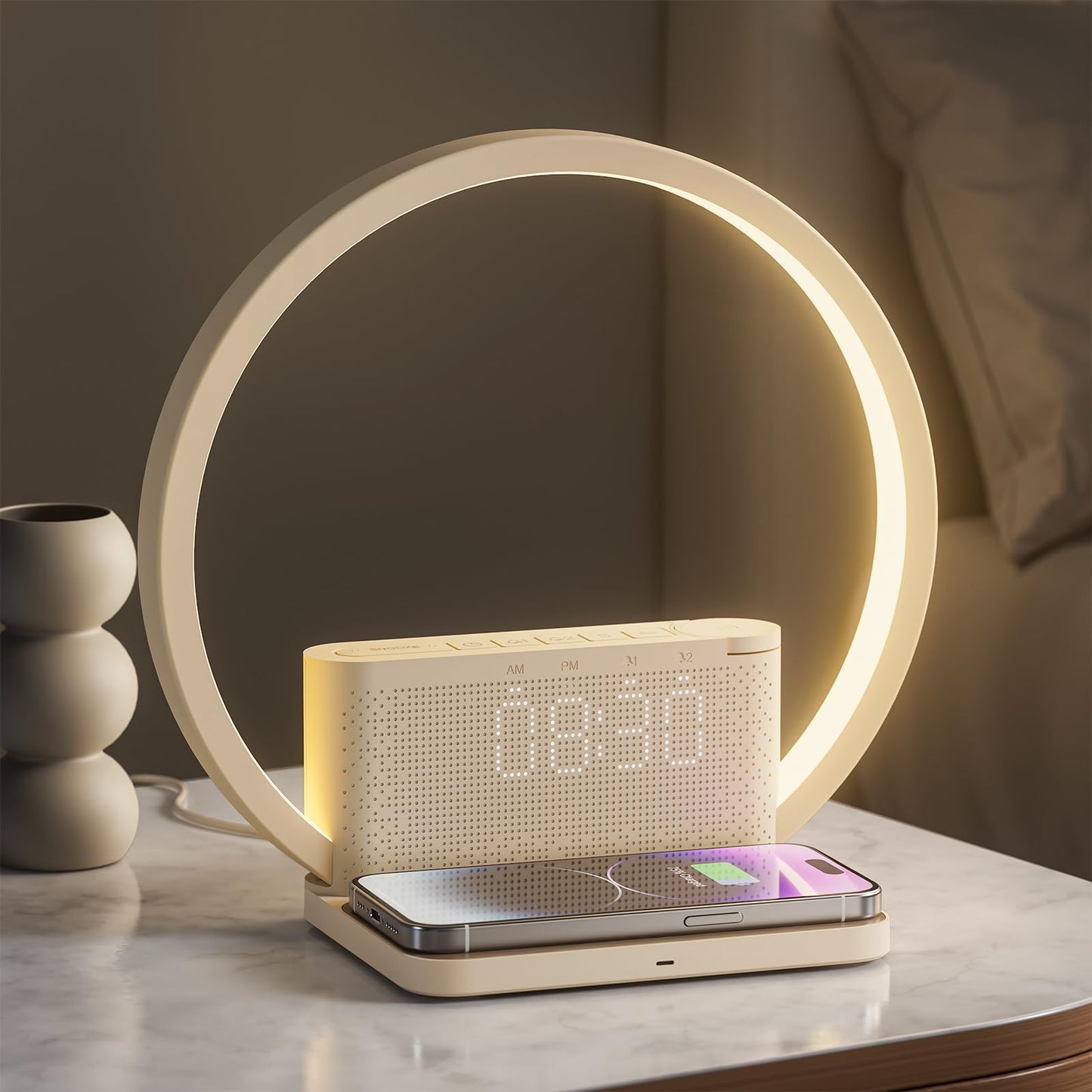 blonbar Réveil Lumineux Simulateur d'Aube, Lampe de Reveil avec tactile réglable,3 niveaux de luminosité,lampe de chevet avec chargeur sans fil, aide à dormir les bébés et les adultes