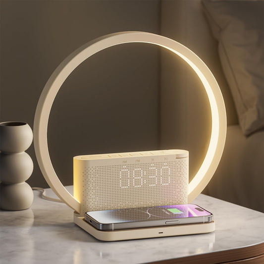 blonbar Réveil Lumineux Simulateur d'Aube, Lampe de Reveil avec tactile réglable,3 niveaux de luminosité,lampe de chevet avec chargeur sans fil, aide à dormir les bébés et les adultes