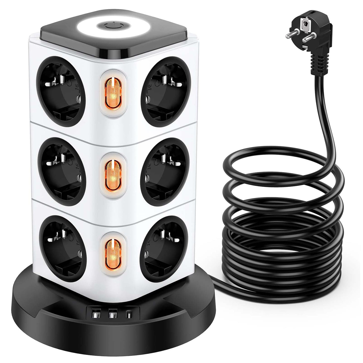 Acodot Multiprise Electrique, 12 Compartiments Multiprise avec USB, Multi Prise de Protection Contre Les Surtensions Tower avec 4 Interrupteurs, Veilleuse Design Originale et USB-A, USB-C Câble 3M