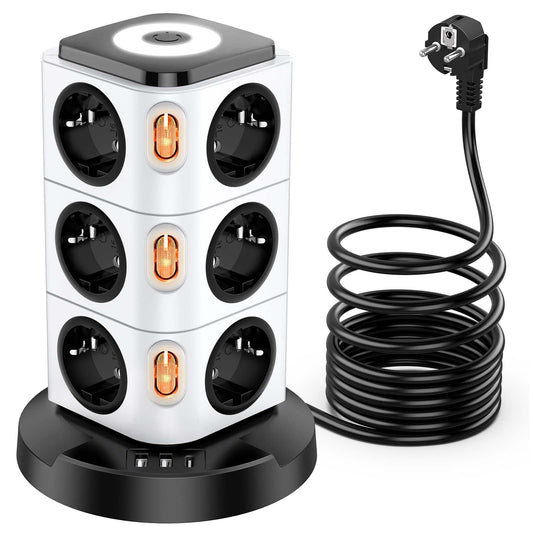 Acodot Multiprise Electrique, 12 Compartiments Multiprise avec USB, Multi Prise de Protection Contre Les Surtensions Tower avec 4 Interrupteurs, Veilleuse Design Originale et USB-A, USB-C Câble 3M