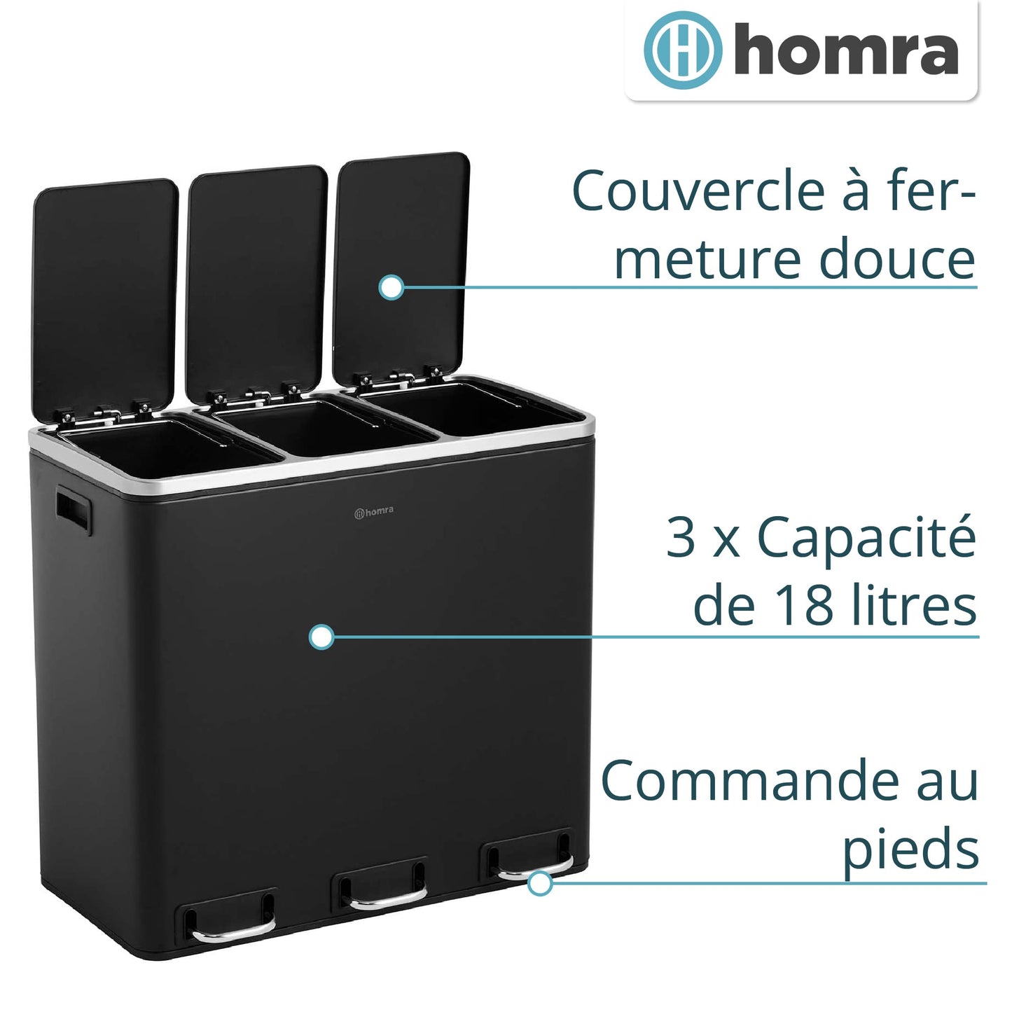 Homra Sparq Poubelle Tri Selectif 3 Bac | Poubelle Cuisine 54 Litres Acier inoxydable | Poubelle à Pédale 3x18 litres | Déchets et recyclage | 3 Bacs Amovibles et Fermeture Douce | Inox Noir